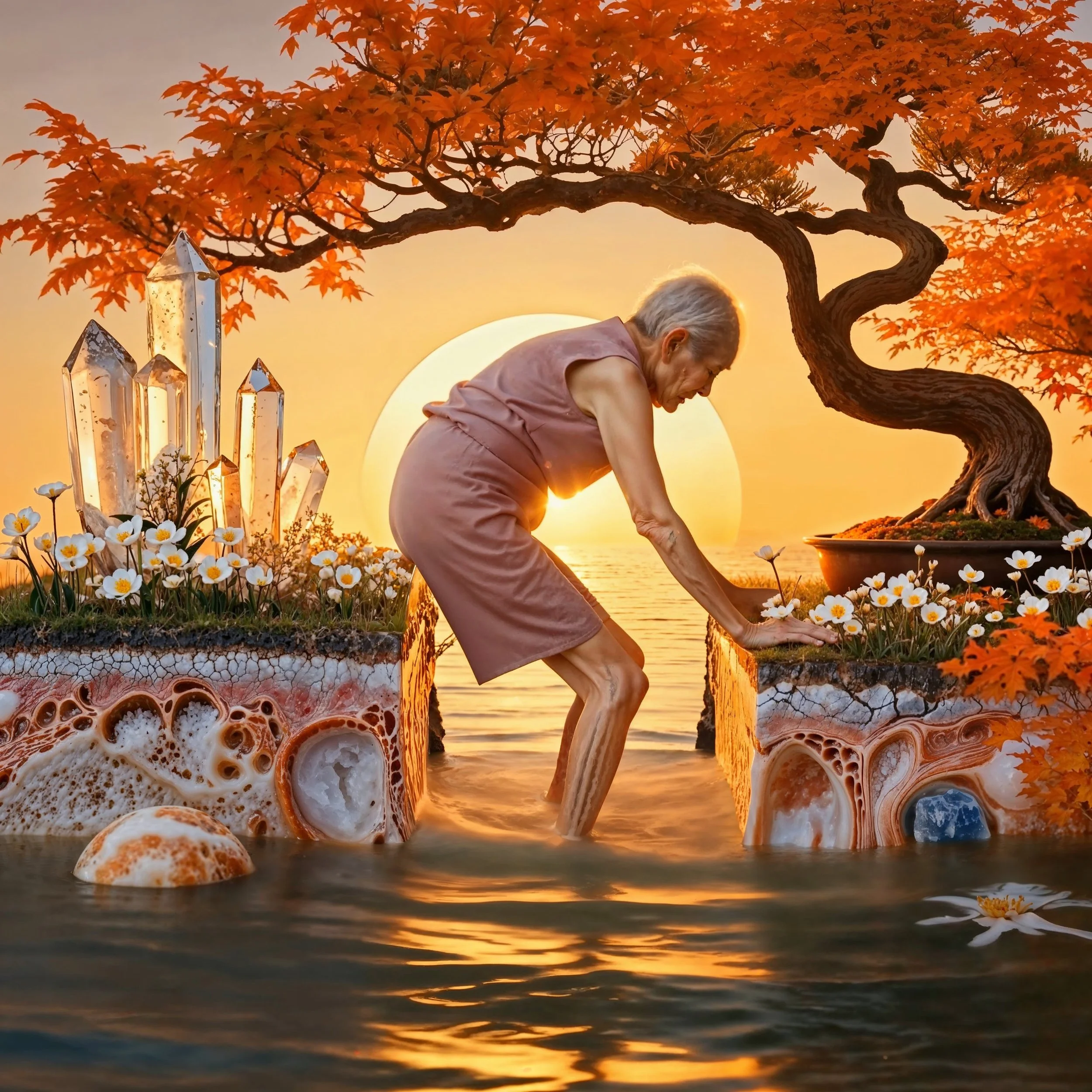 Elderly woman with gray hair in a pink dress bending over while standing in water at sunset, surrounded by autumn trees, flowers, and decorative crystal elements.