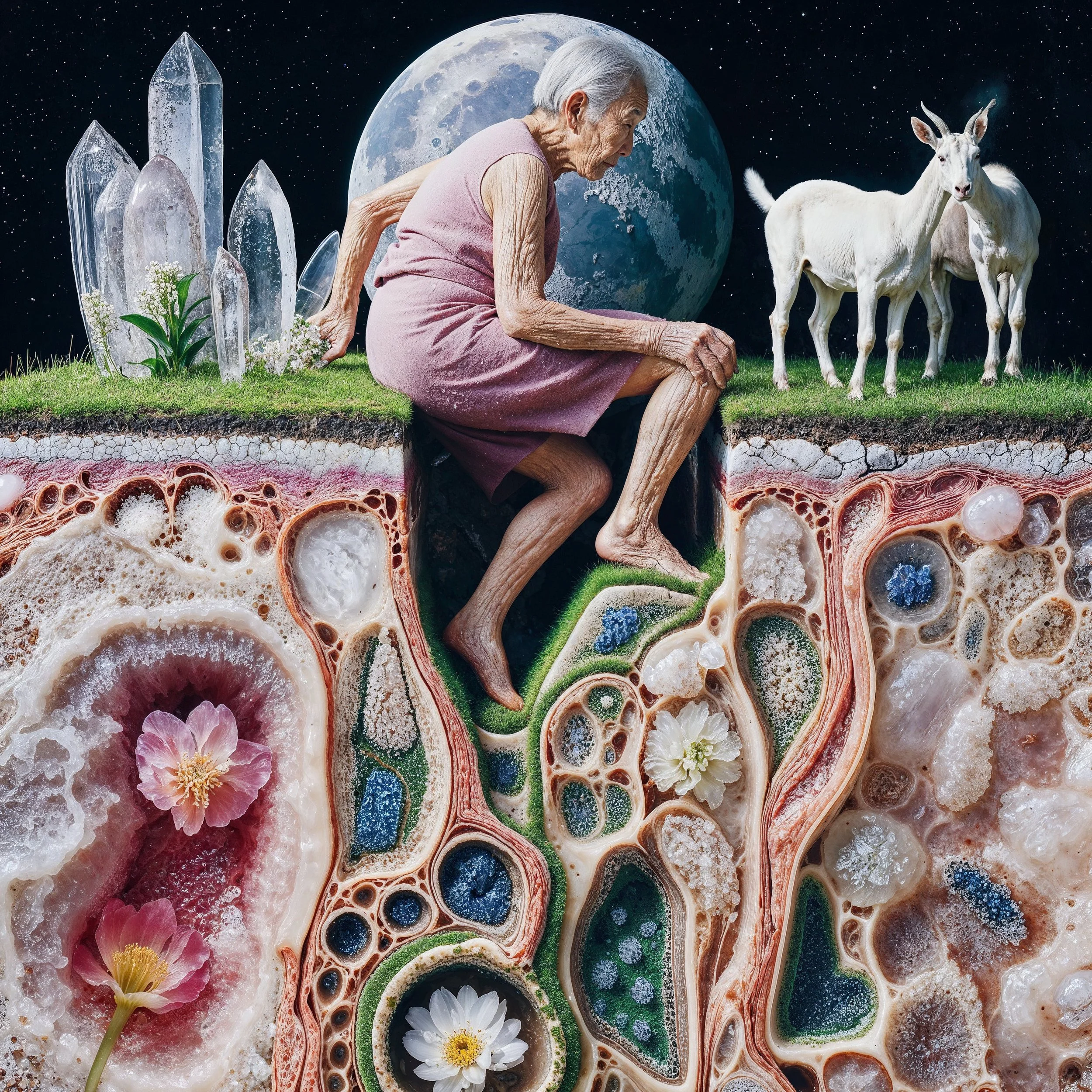A surreal digital collage featuring an elderly woman sitting on a grassy surface with a full moon in the starry night sky behind her. She is surrounded by crystal formations and small flowering plants. To her right, there are two white goats standing