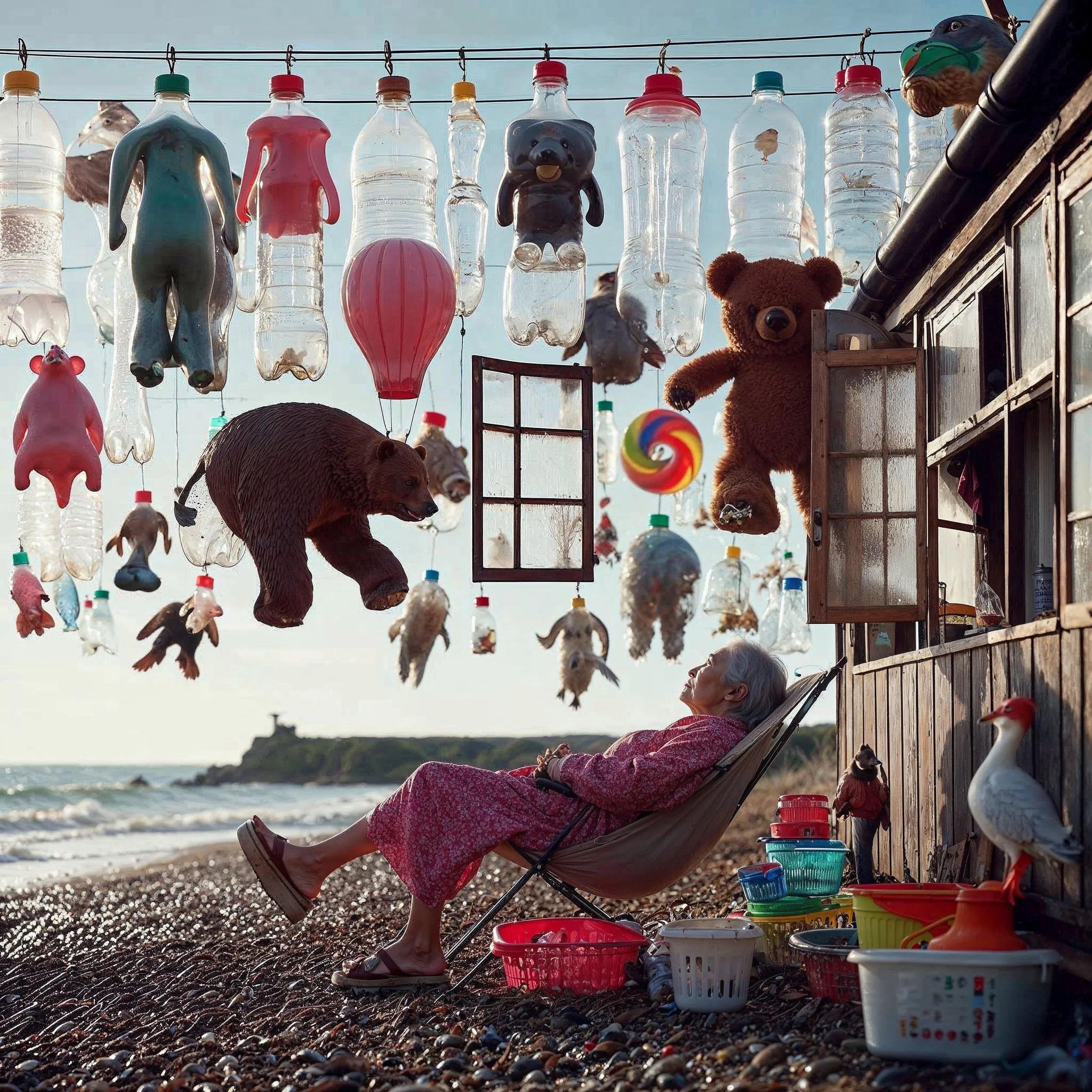 An elderly woman relaxing on a beach chair beneath an array of hanging plastic bottles and stuffed animal toys on a string. The bottles and toys are decorated and appear to be part of a whimsical outdoor display near a wooden shack, with the ocean an