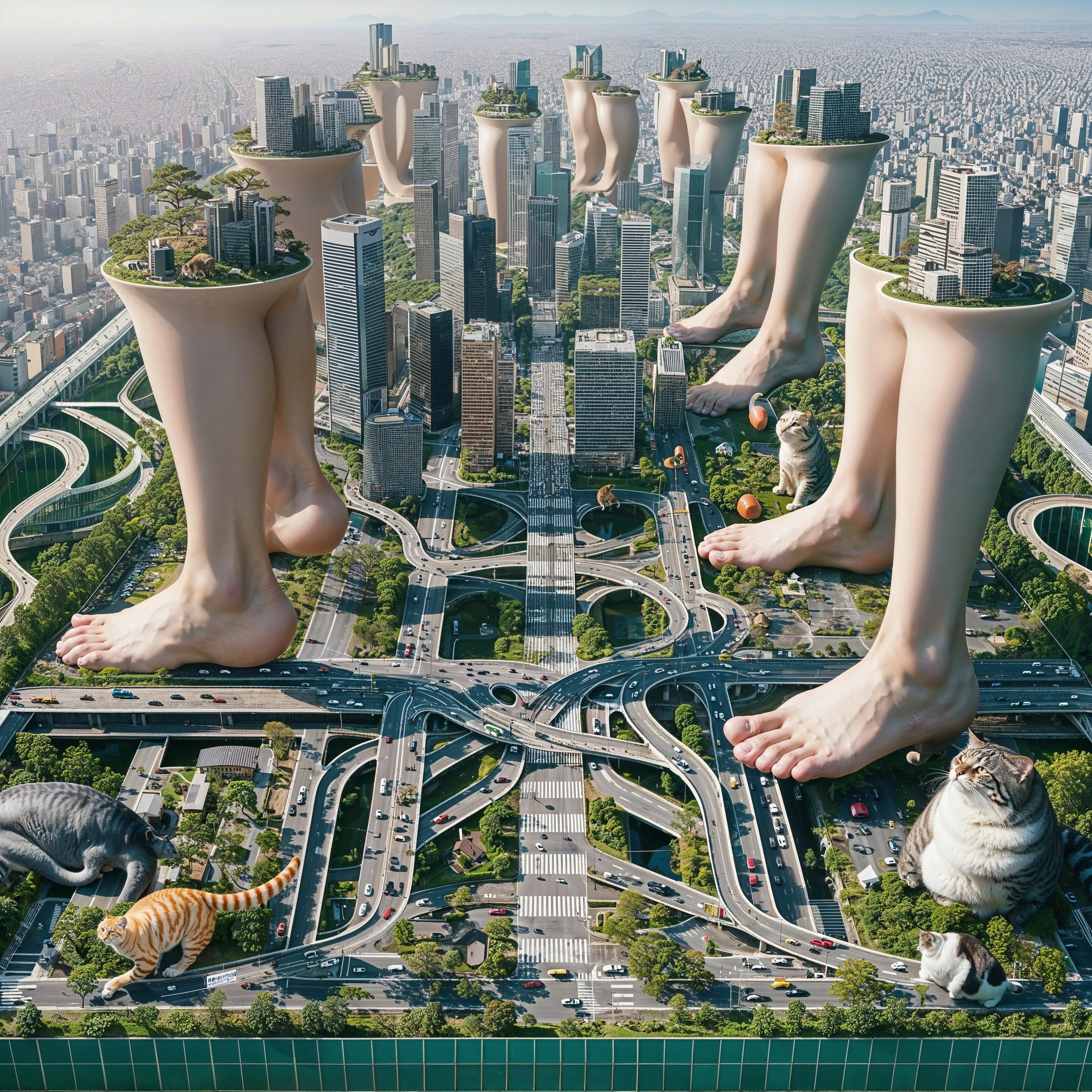 A surreal cityscape with giant human feet and legs emerging from the ground among skyscrapers, surrounded by animals including cats and a dog, on a busy highway with cars, with a distant view of a dense city in the background.