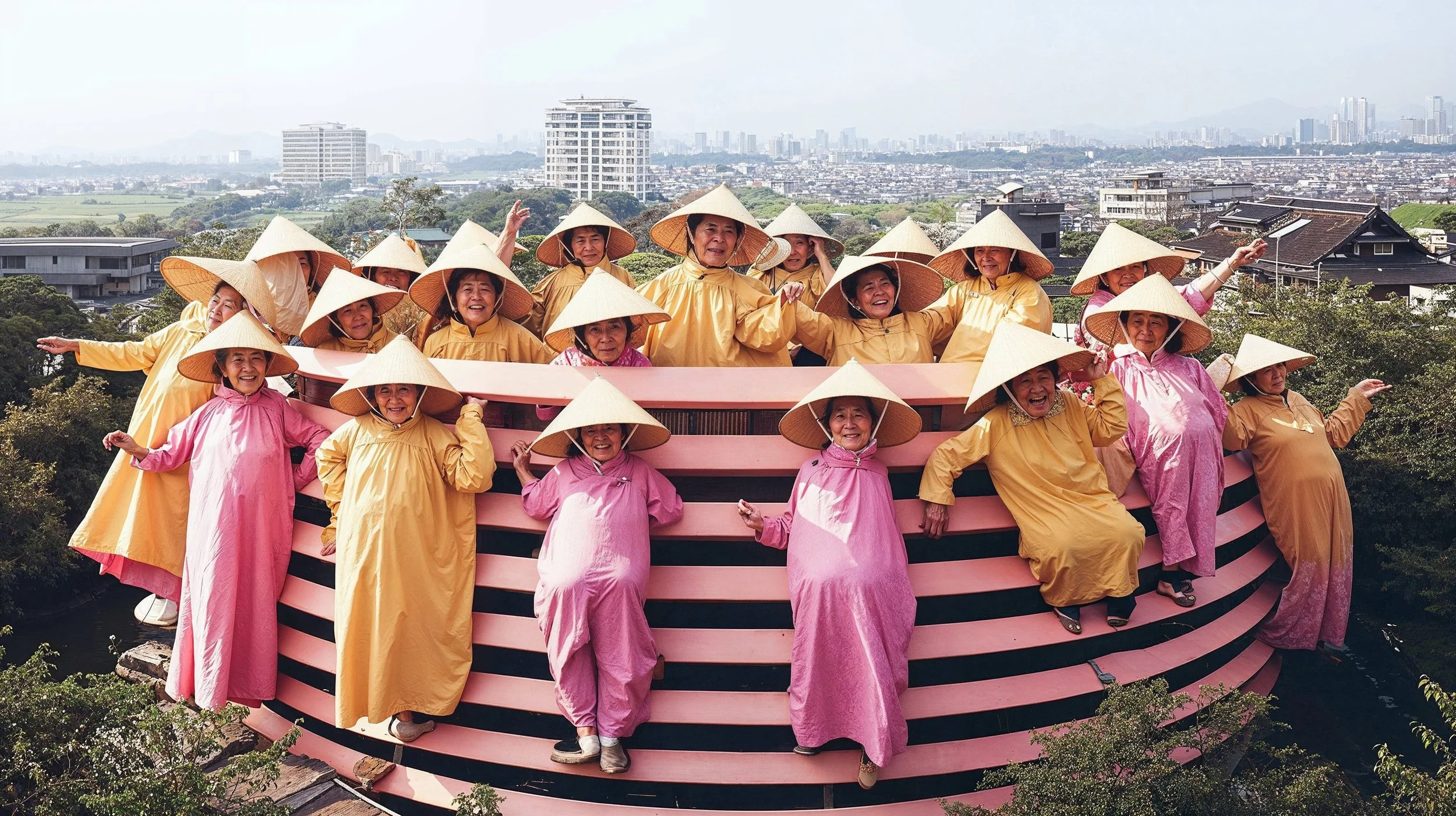 Group of elderly women in traditional pink and yellow attire and conical hats, standing on a large decorative structure shaped like a boat with black and pink stripes, surrounded by greenery, with an urban cityscape in the background.
