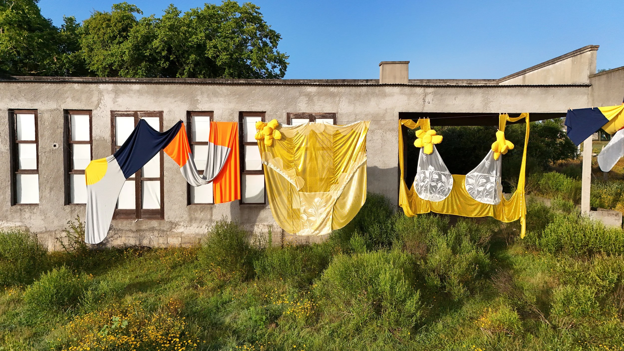 Clothes hanging on a clothesline in front of a building with multiple windows, surrounded by green bushes and trees.