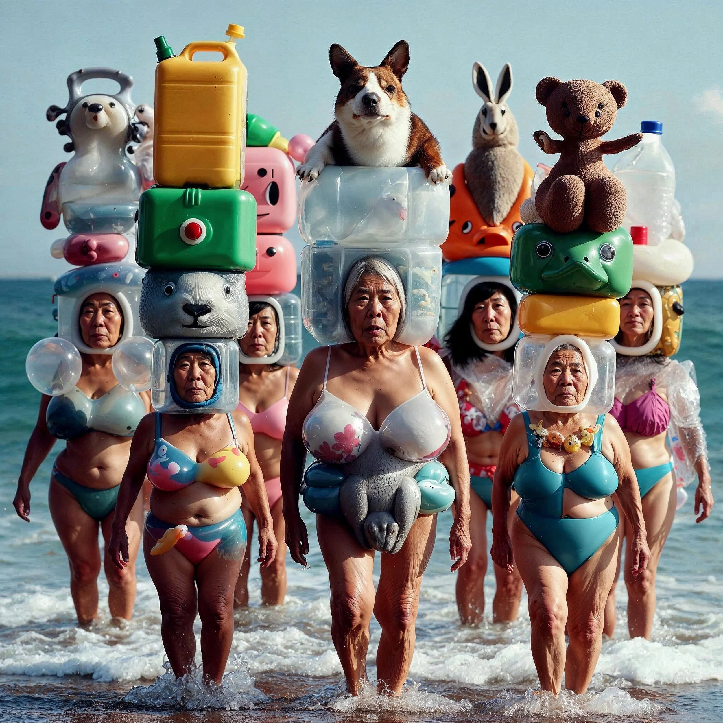 Group of elderly women in swimsuits standing in the ocean with a surreal arrangement of colorful objects, stuffed animals, and a dog on their heads and shoulders.