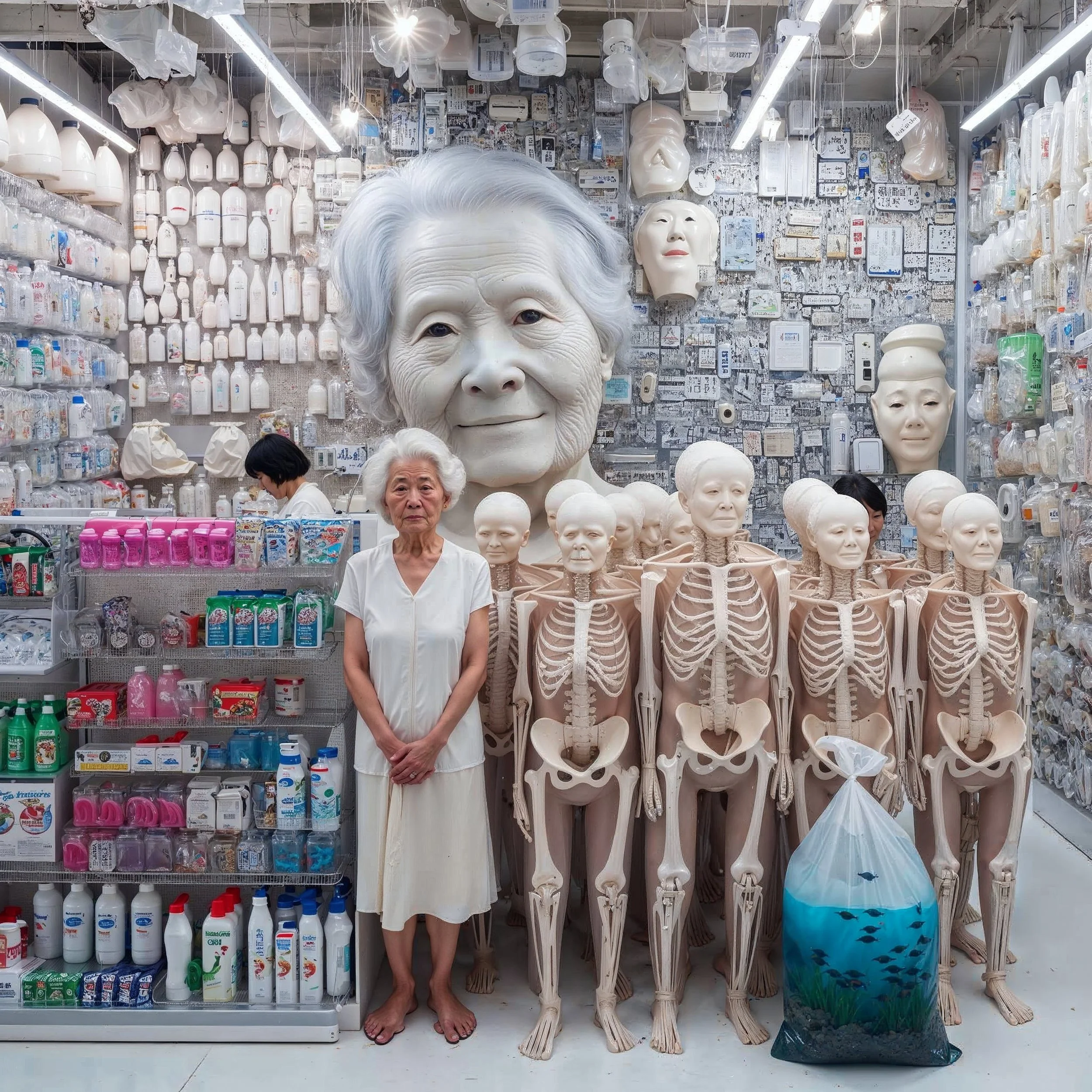 A woman standing in a store surrounded by plastic skeletons and large head sculptures, with shelves of household items and masks behind her.