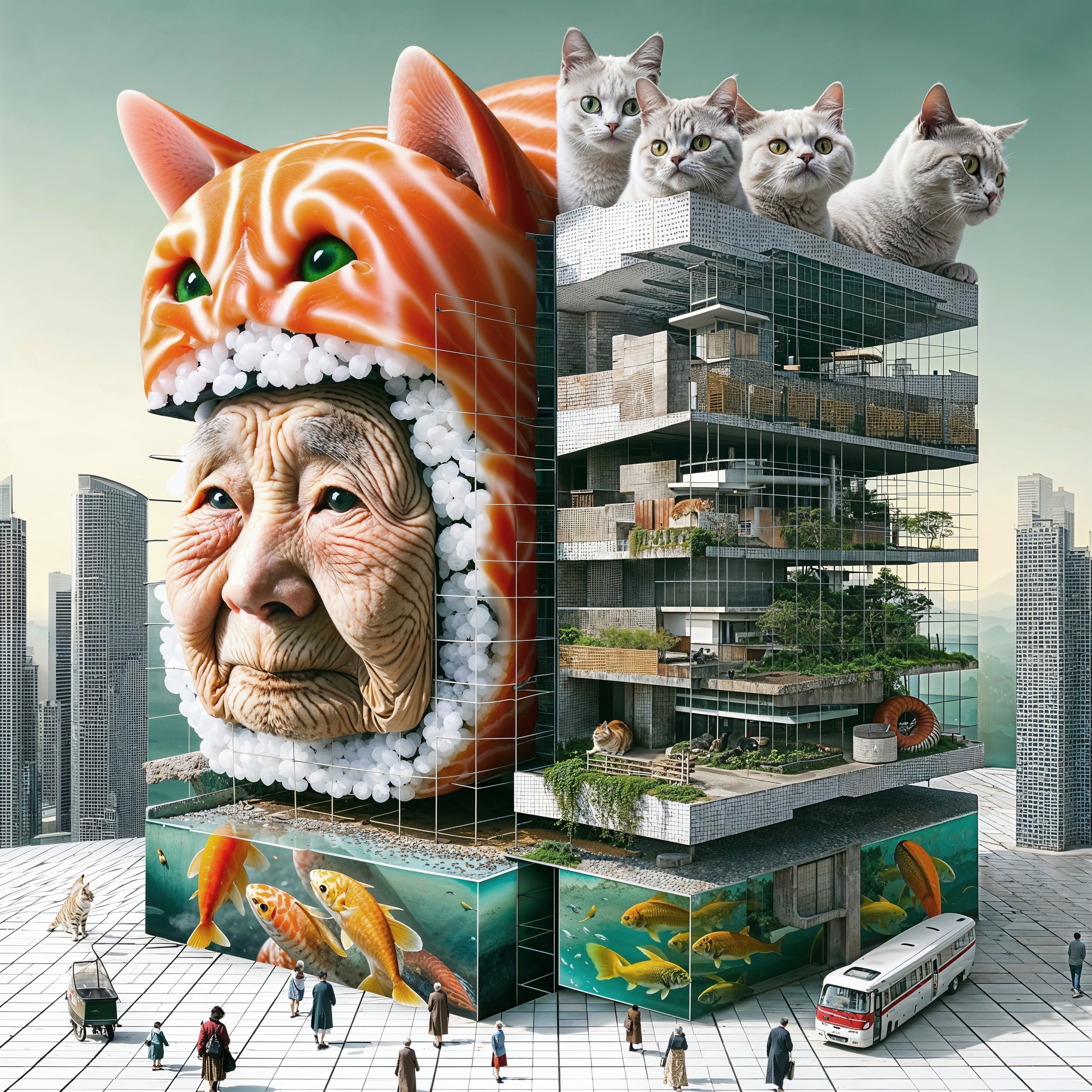 A surreal city building with a giant cat face and a feline head on top. The building has multiple floors with people, plants, and animals visible. Large cat photos adorn its lower section. Several pedestrians, a bus, and tall skyscrapers are in the c
