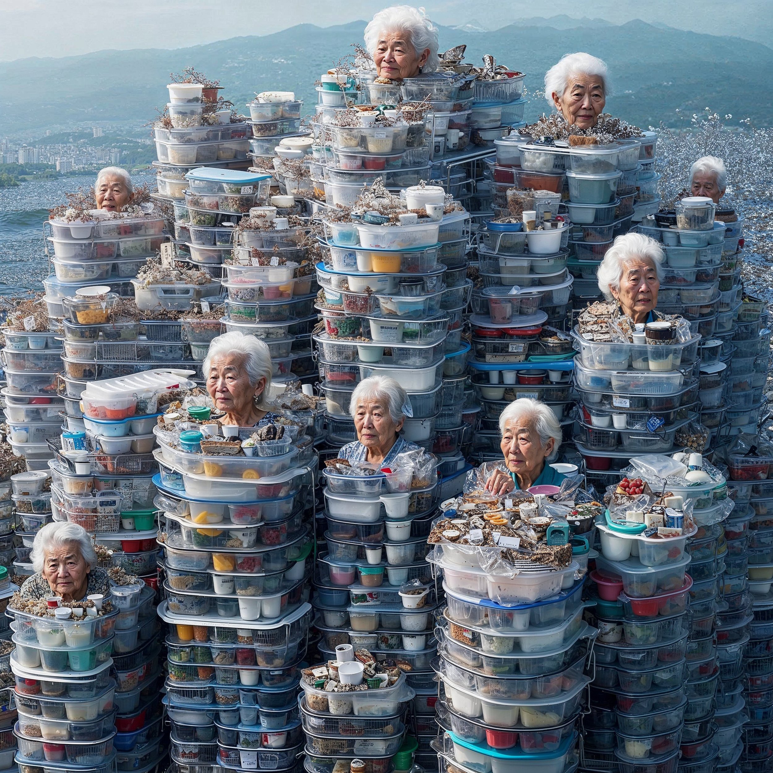 A giant sculpture of elderly women faces, created from stacked plastic containers filled with various small objects, set against a lakeside background with mountains.
