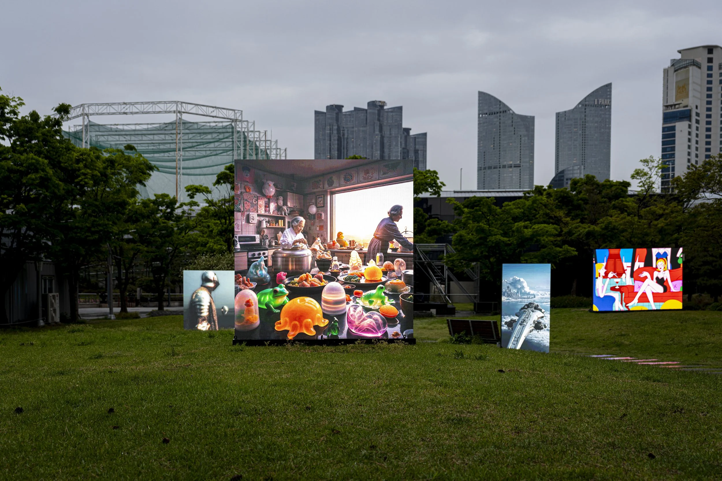 "19:19" by niceaunties on a 2x2m outdoor LED screen, Busan Museum of Art Sculpture Garden. Digital Subculture: Narrative & Story in the Digital Era, 23 April to 28 June 2026