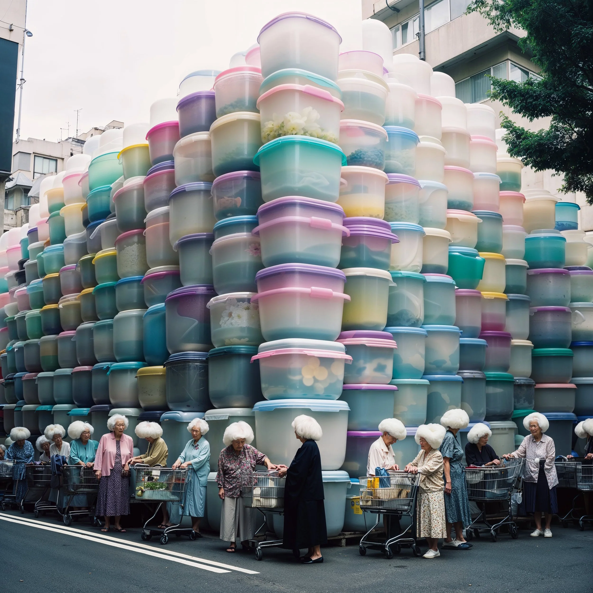 Older women with white hair, standing with shopping carts on a city street, in front of a large art installation made of stacked plastic storage containers in various pastel colors.