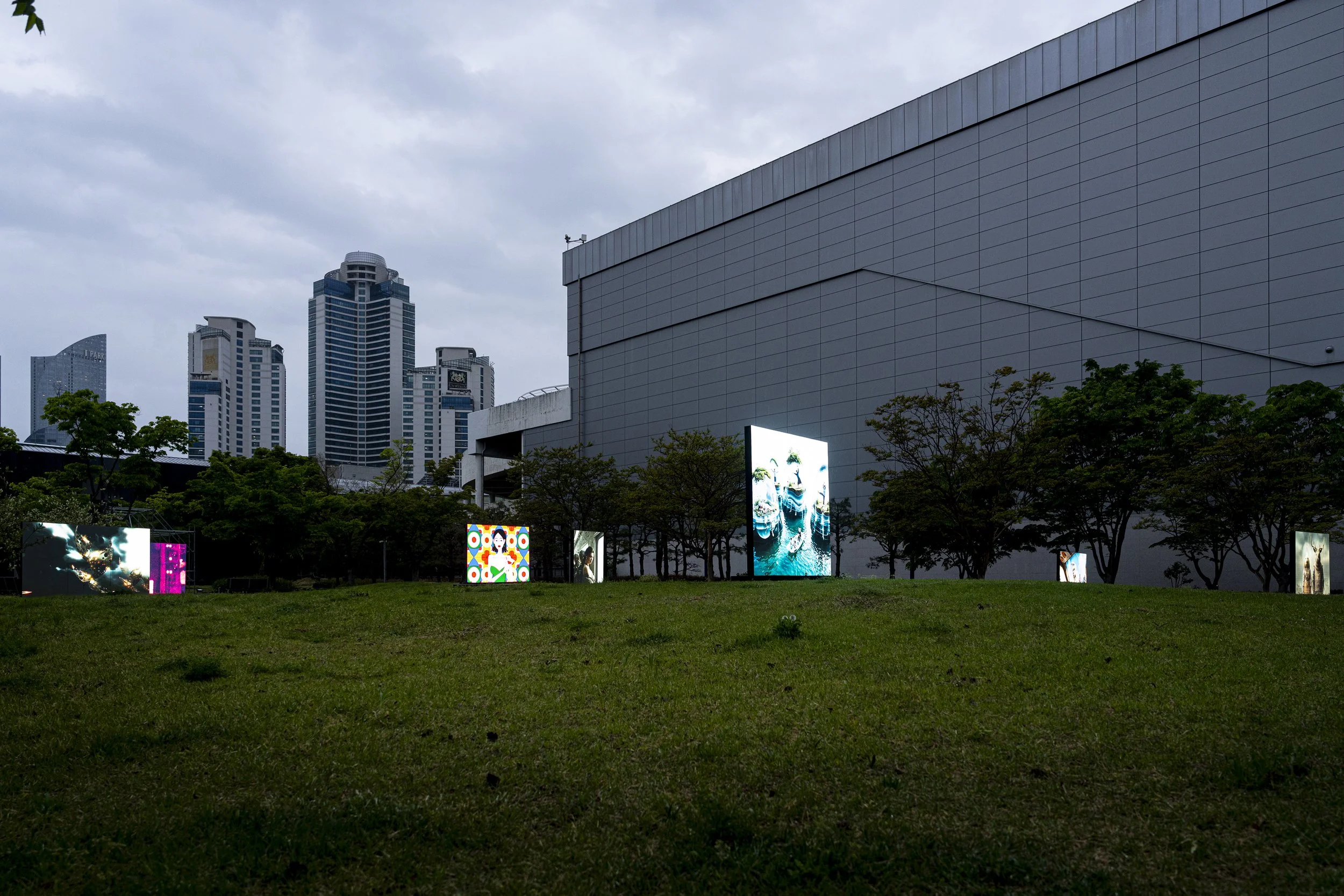 "JellyBay and Why You Don't See Giant Aunties on Land" by niceaunties on a 2x2m outdoor LED screen, Busan Museum of Art Sculpture Garden. Digital Subculture: Narrative & Story in the Digital Era, 23 April to 28 June 2026