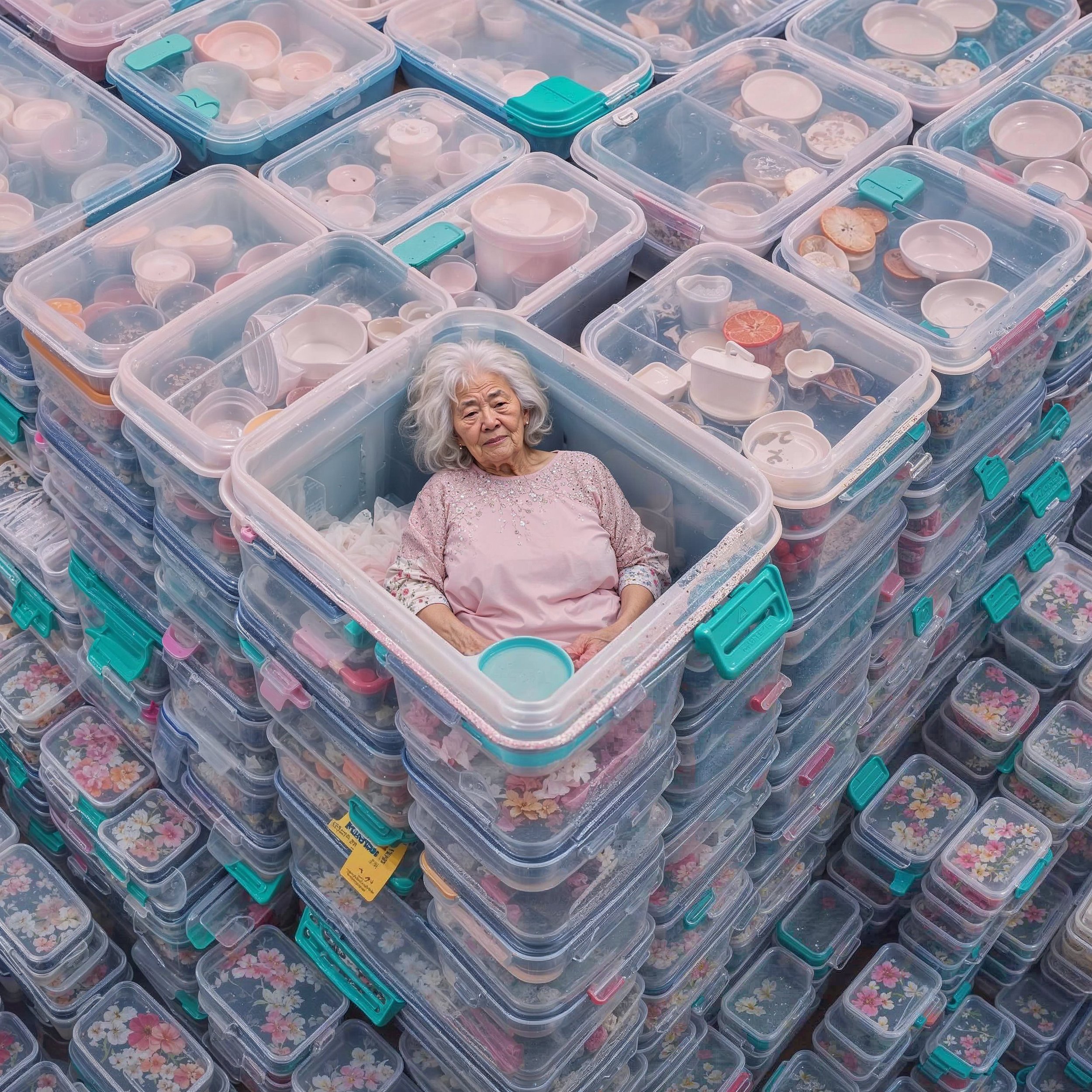 An elderly woman sitting inside a large transparent plastic bin surrounded by stacked storage containers filled with various ceramic or porcelain dishes and figurines.