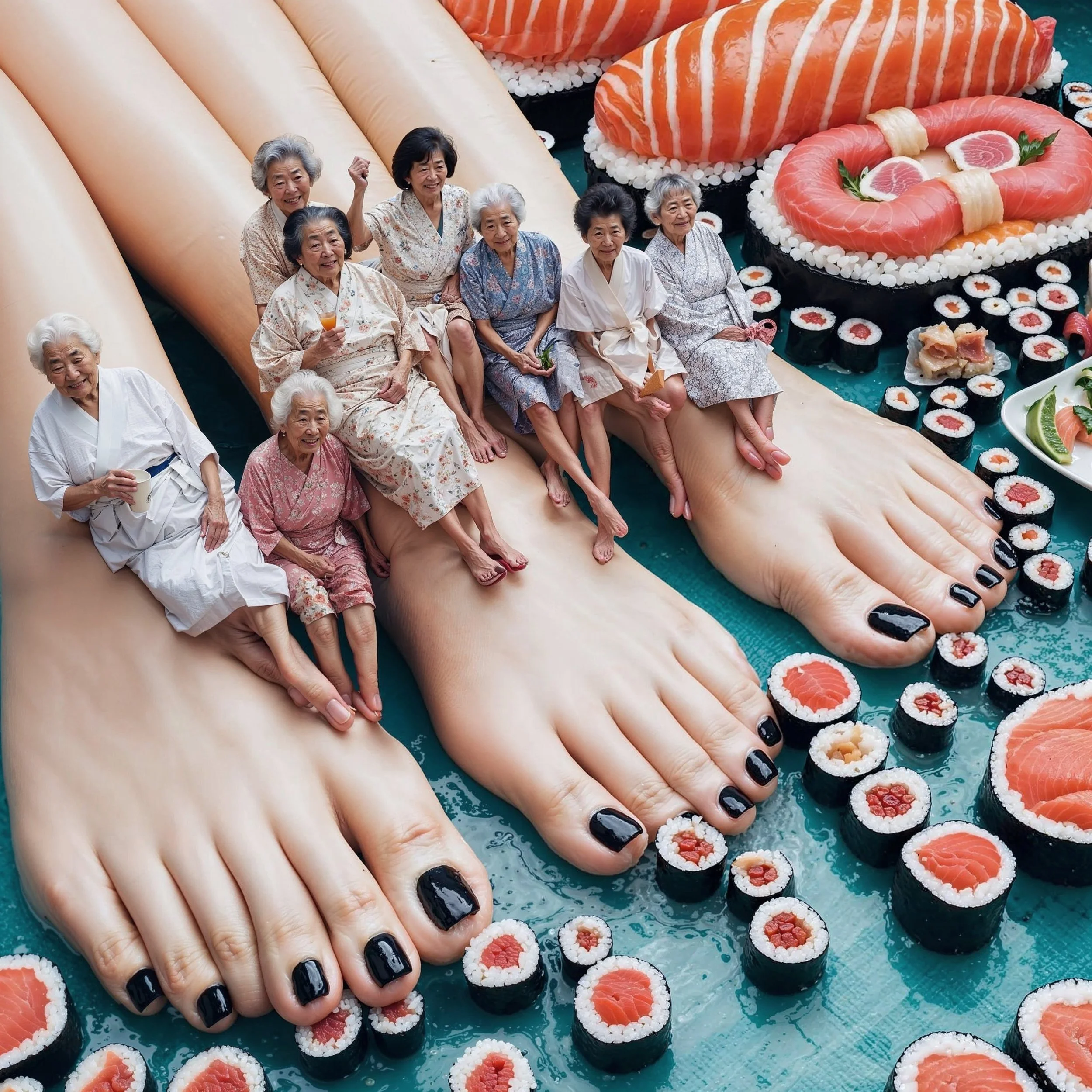 A group of elderly women dressed in traditional Japanese robes sitting on giant feet made of sculpture, surrounded by sushi and sushi rolls.