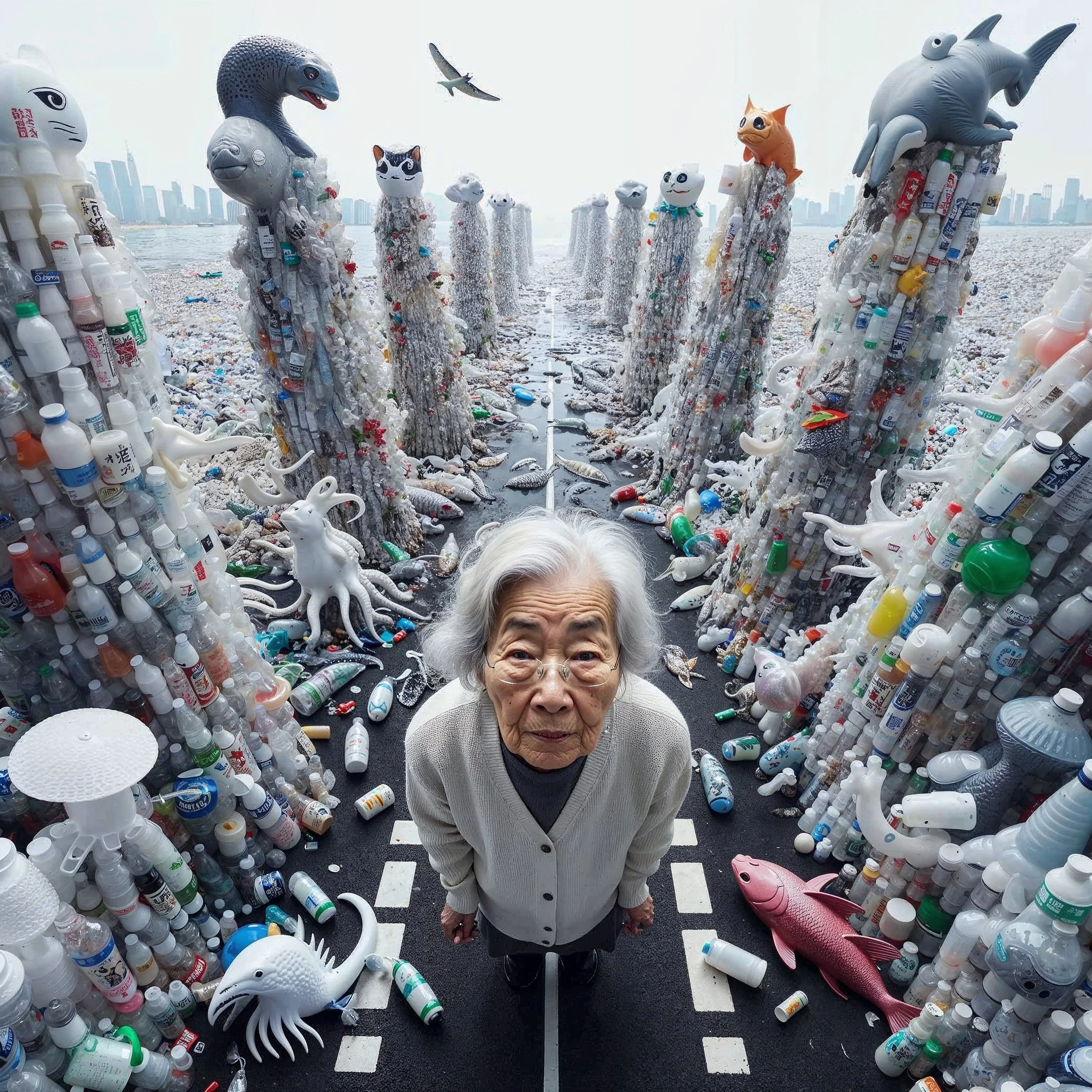 An elderly woman with glasses standing in the middle of a road surrounded by sculptures made of plastic bottles and garbage, with large animal balloons on top of tall piles of waste, against a city skyline background.