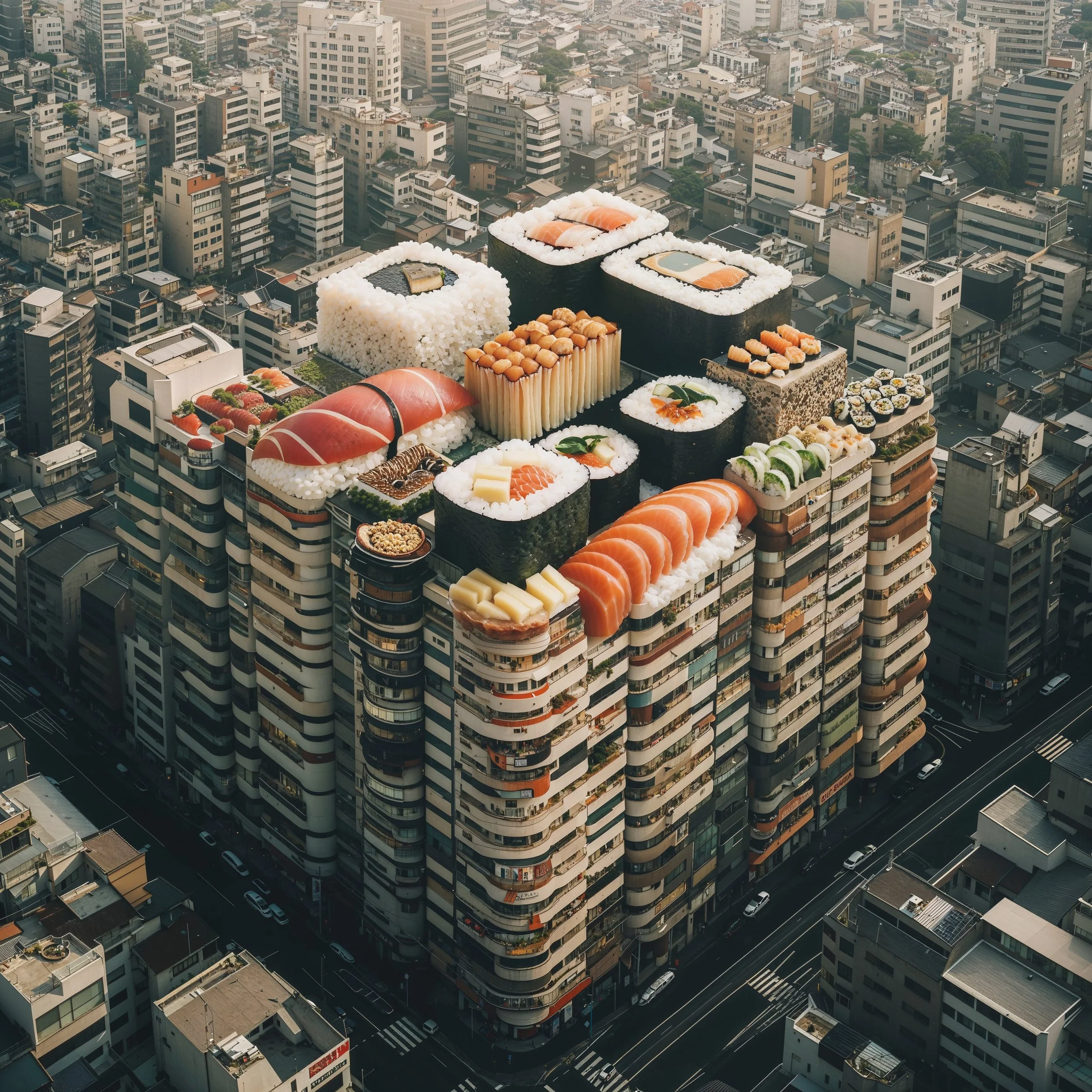 A tall city building with a roof decorated to look like an assortment of sushi, including rolls of sushi and slices of fish, with a cityscape background.