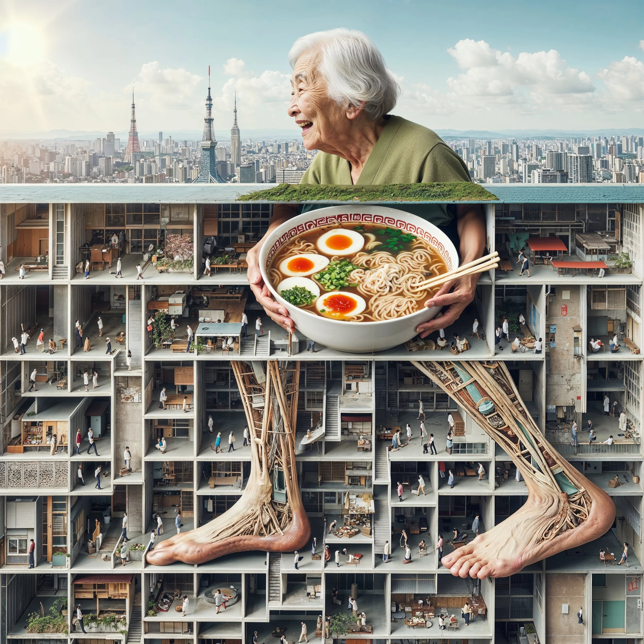 An elderly woman with gray hair smiling and holding a bowl of ramen with chopsticks in front of a city skyline. The scene is surreal, with the woman and a section of the building beneath her appearing as if they have large legs and feet, blending int