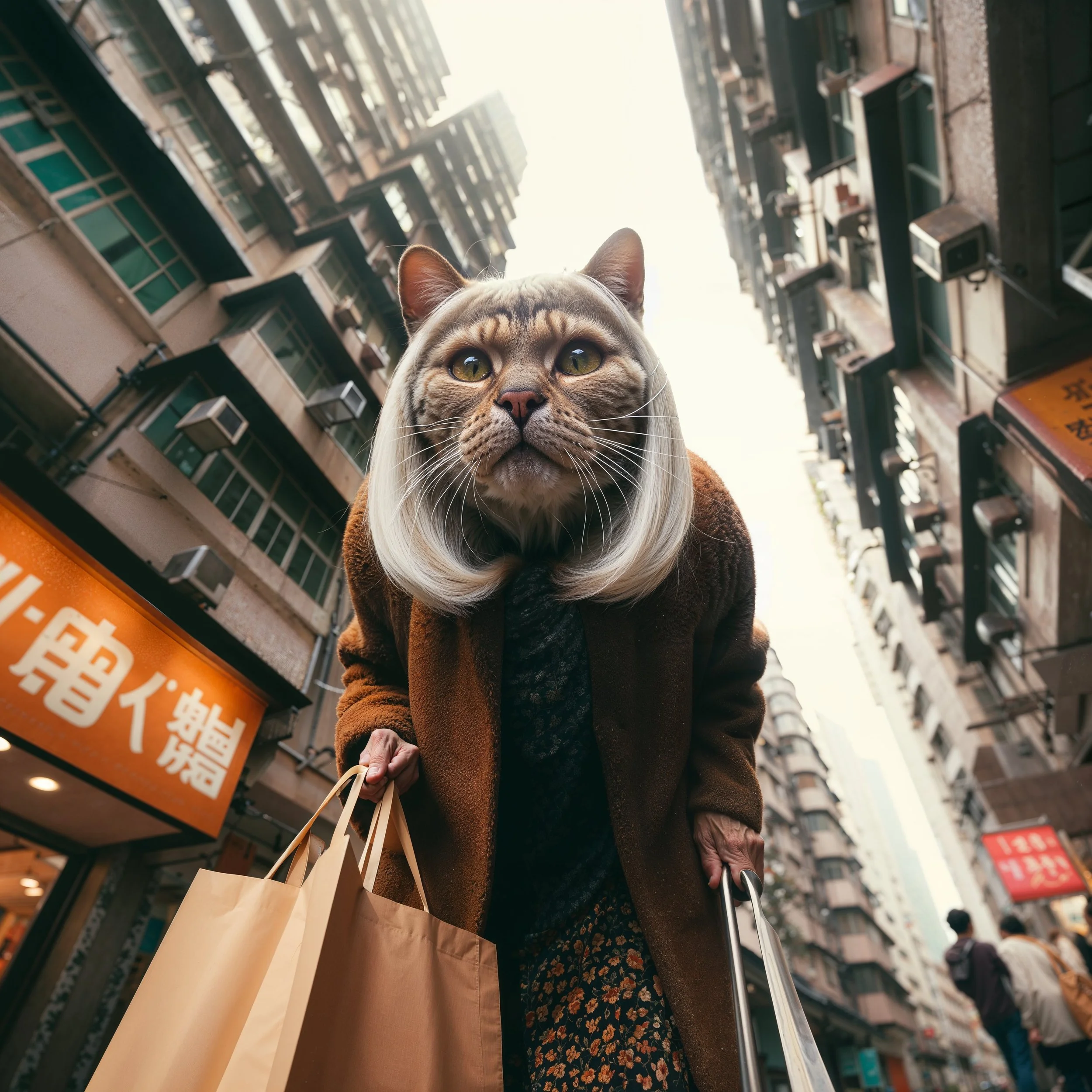 A person with the face of a cat, holding shopping bags, in an urban street surrounded by tall apartment buildings.