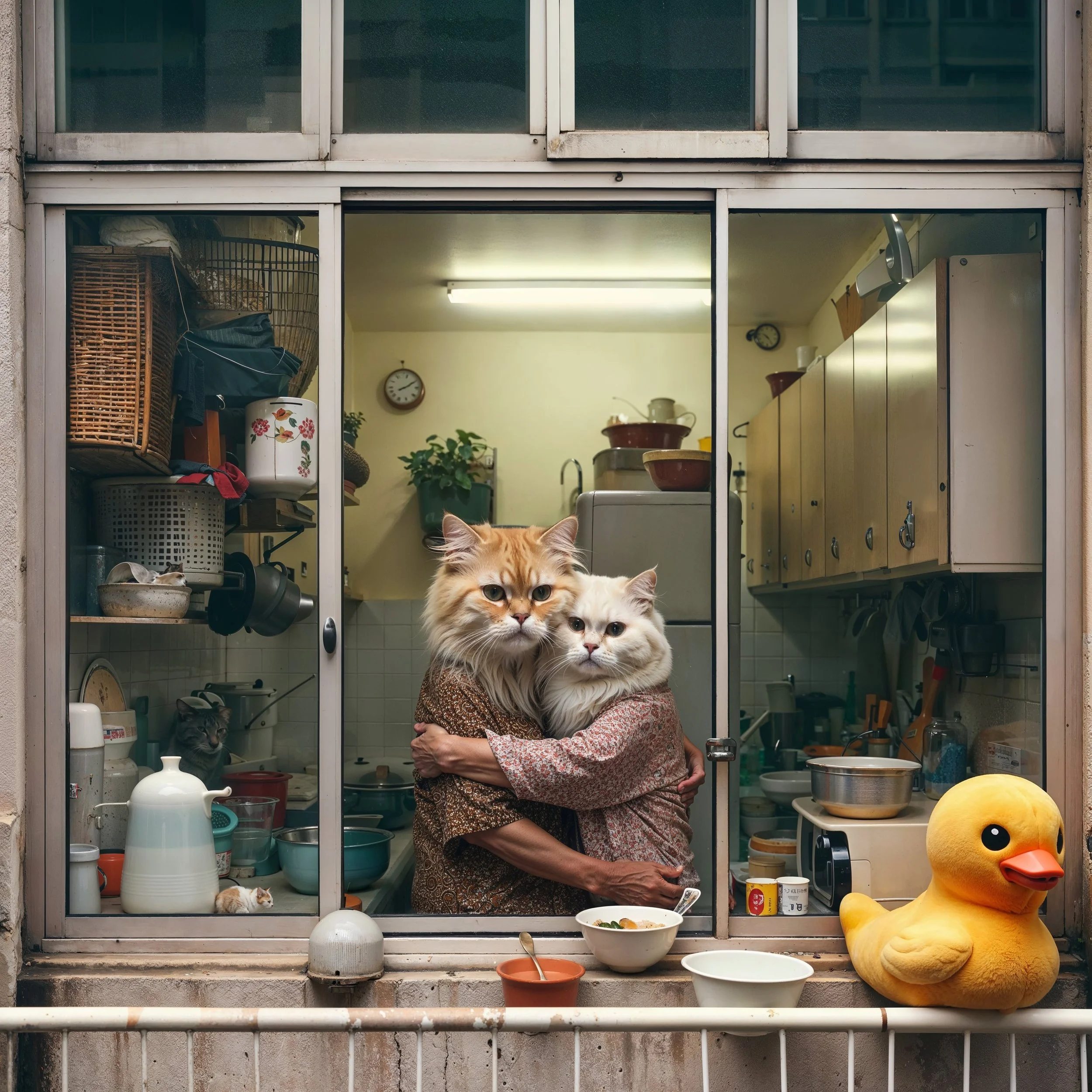 A woman hugging two cats with cat faces edited onto her and the cats, standing inside a small kitchen viewed through a window. The kitchen has various utensils, bowls, and a plant. Outside on the windowsill are a large rubber duck, a bowl, a mug, and