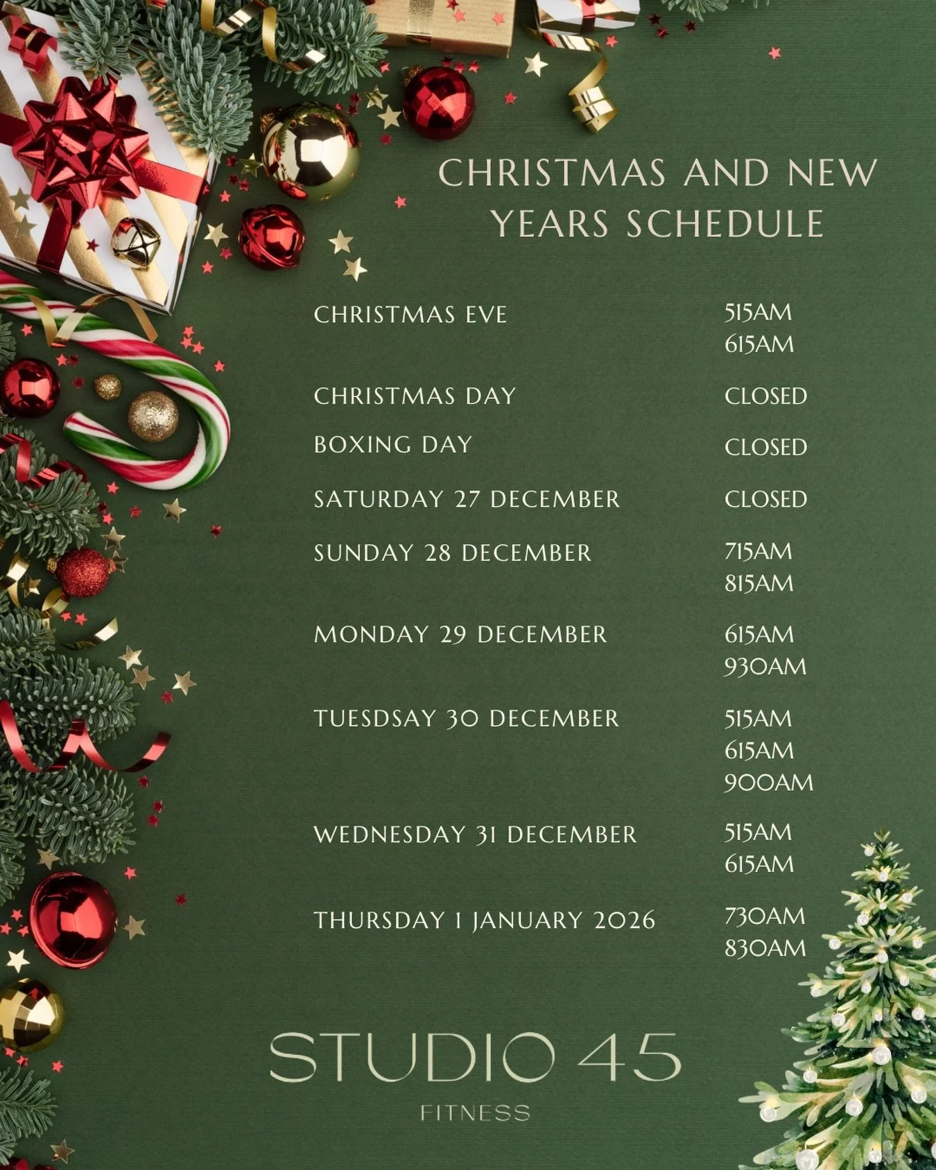 Ok, here it is, your lagree schedule over the Christmas and New Years period 🔥⁣
⁣
We&rsquo;ll be taking a very brief break and will be closed on the 25th, 26th and 27th December (you&rsquo;ll find us either on the beach or cruising up the Noosa rive