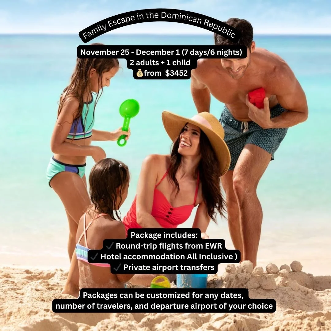 🌴✨ Пунта-Кана &ndash; семейный отдых в Доминикане! ✈️
📅 Даты: 25 ноября &ndash; 1 декабря (7 дней/6 ночей)
👨&zwj;👩&zwj;👧 Состав: 2 взрослых + 1 ребёнок
📍 Вылет: Ньюарк &rarr; Пунта-Кана (United Airlines)
✨ Включено:
✔️ Перелёт United Airlines ?