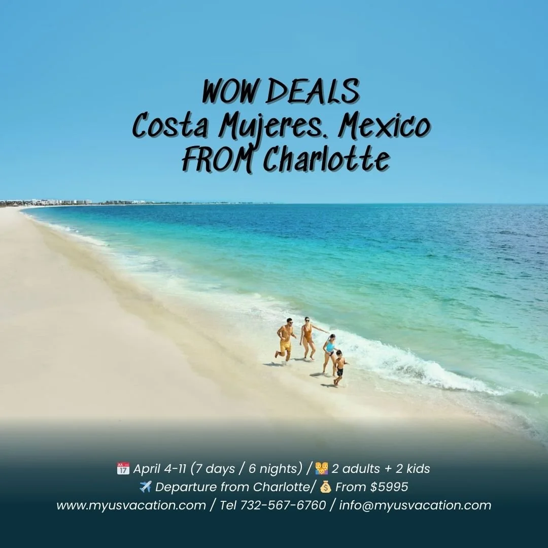 🔥 Вау-цены на Мексику &mdash; возможно, и вас заинтересует!
📅 4&ndash;11 апреля (7 ночей)
👨&zwj;👩&zwj;👧&zwj;👦 2 взрослых + 2 детей (16 и 2)
✈️ Вылет из Шарлотт (Charlotte)
✈️ Frontier Airlines
8:45 AM &ndash; 10:48 AM
10:58 AM &ndash; 3:03 PM
В