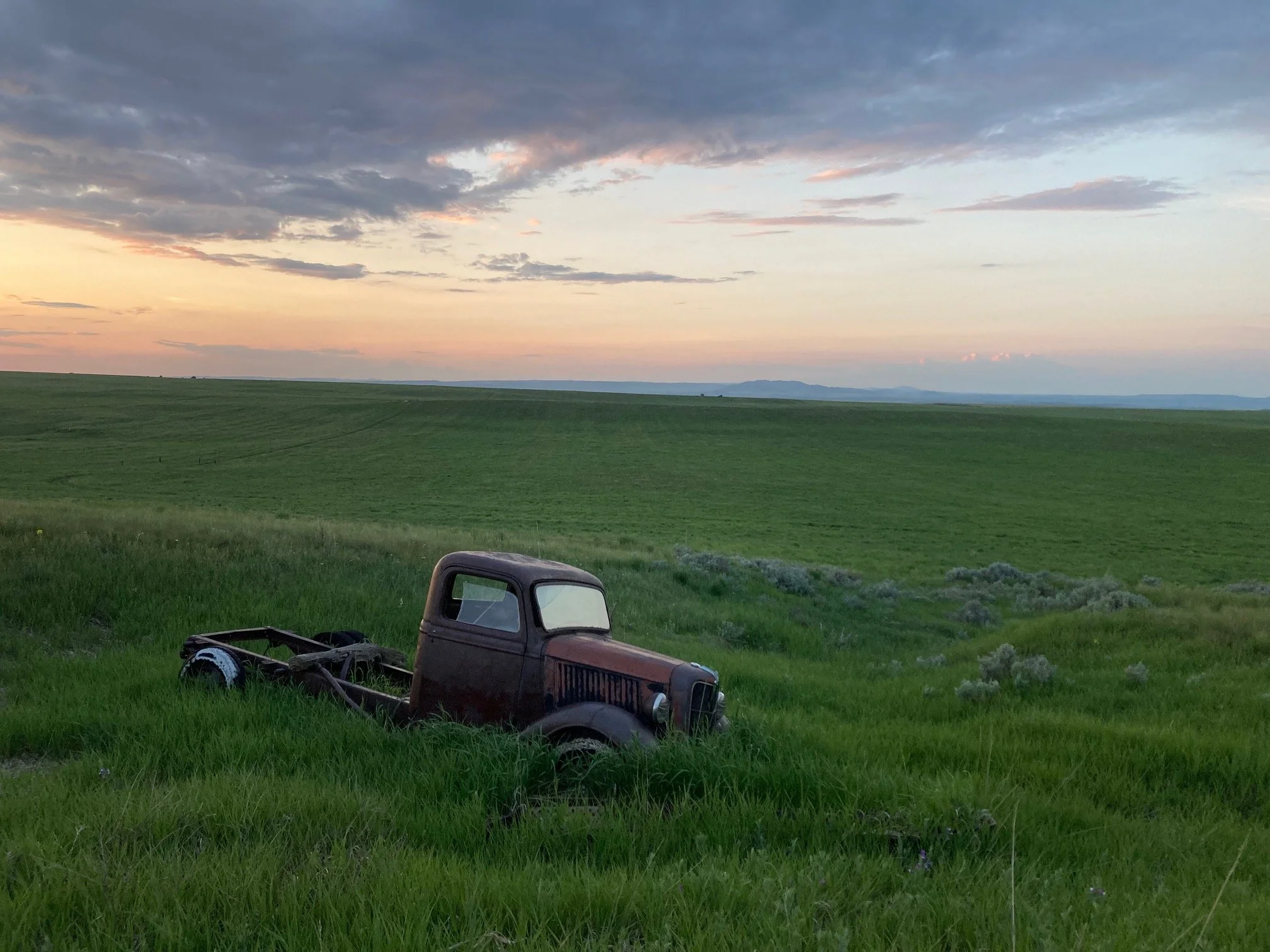 Old rusted truck in a lush green field at sunset with a cloudy sky.