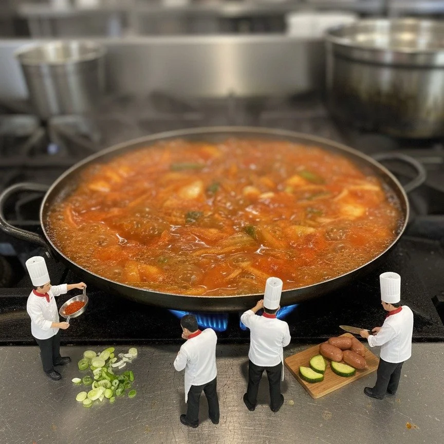 "Who says Budae-jjigae is just a dish? It&rsquo;s a masterpiece in the making! 👨&zwj;🍳✨ My mini-chef crew has officially taken over the kitchen. One&rsquo;s slicing the sausages, another&rsquo;s tackling the ramen noodles, and they&rsquo;re al