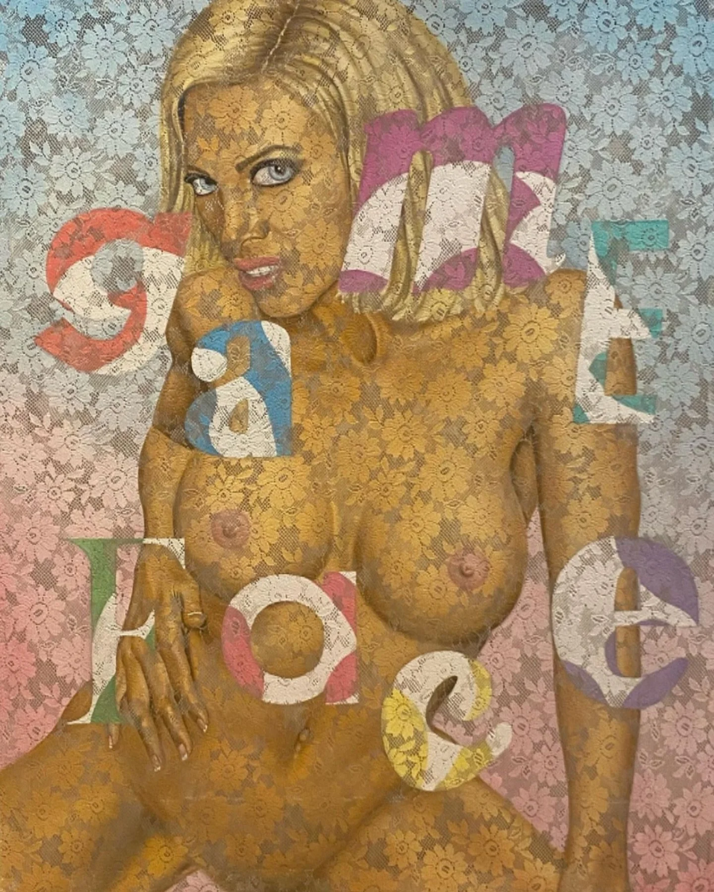 &ldquo;Game Face&ldquo; 
48&rdquo; x 60&rdquo; 
Oil on lace fabric 
Artist: Greg Busch  #raawart #art #artnyc #gameface