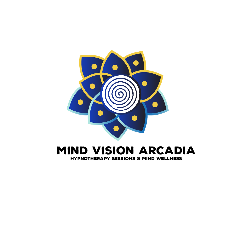 Logo for Mind Vision Arcadia featuring a stylized blue flower with a spiral center and yellow dots, with text for hypnotherapy sessions and mind wellness.