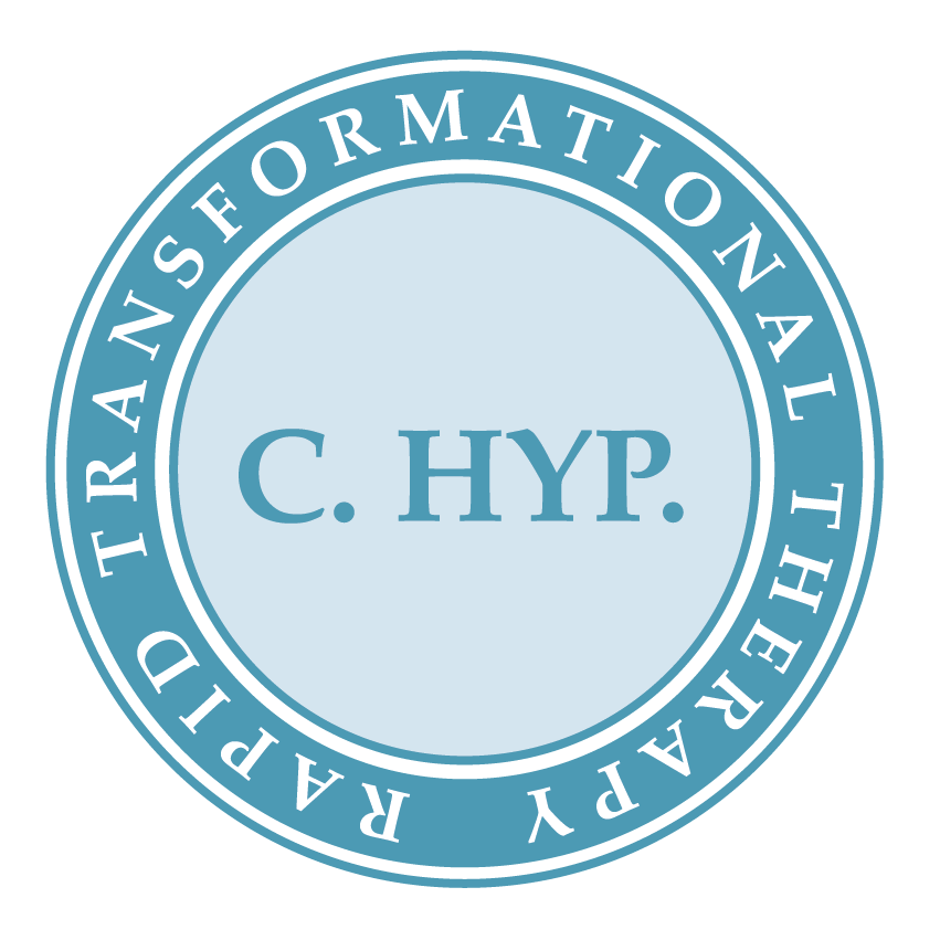 Circular seal with blue outer ring and central light blue circle, containing the text 'C. HYP.' in the middle, and the outer ring reads RAPID TRANSFORMATIONAL THERAPY