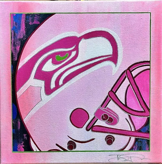 Abstract artwork of a stylized bird's head in pink and purple hues, hand painted by PleasantArt