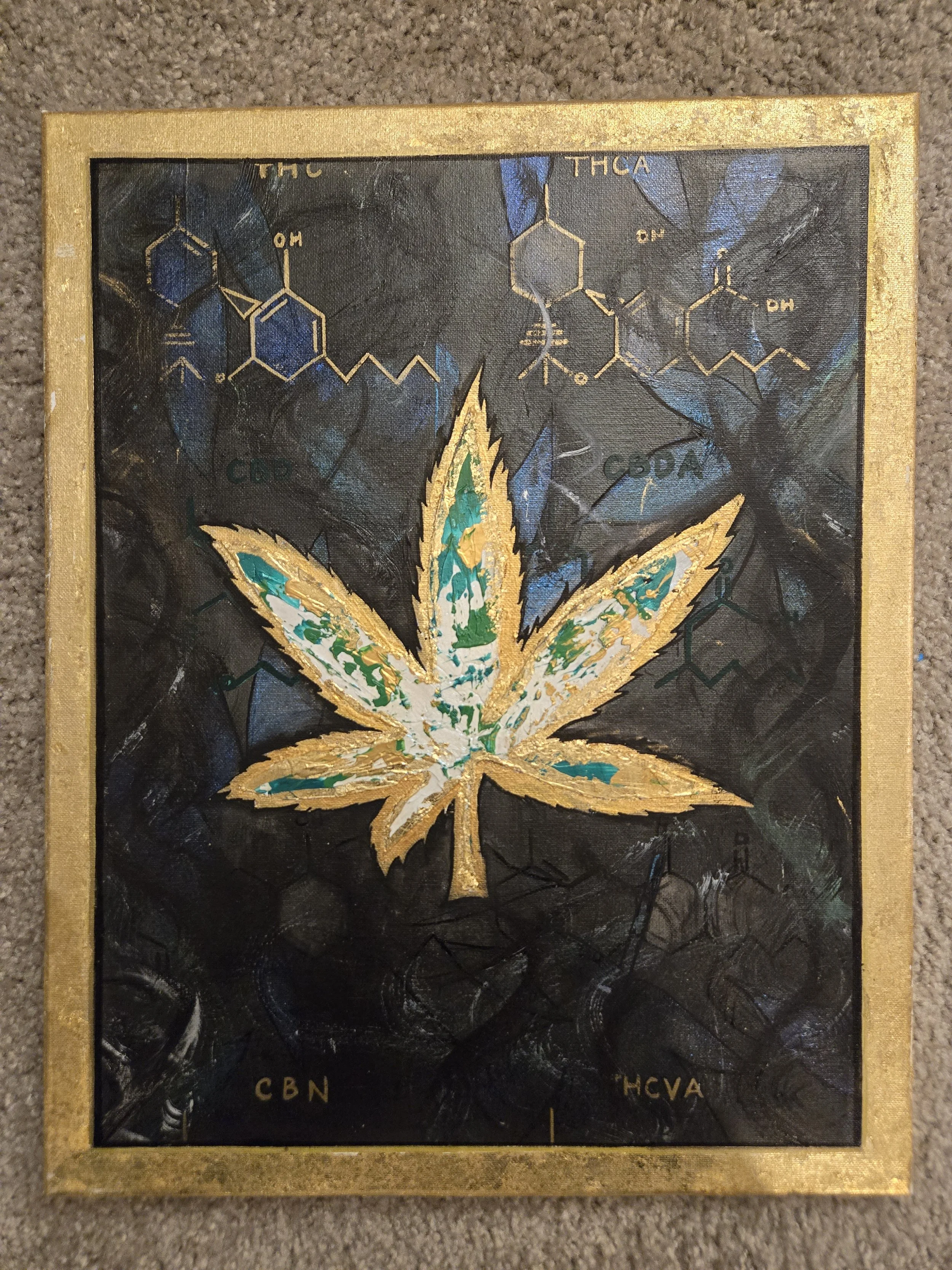 Artwork featuring a cannabis leaf with molecular diagrams of THC and other cannabinoids on a dark background, framed in gold, handpainted by PleasantArt