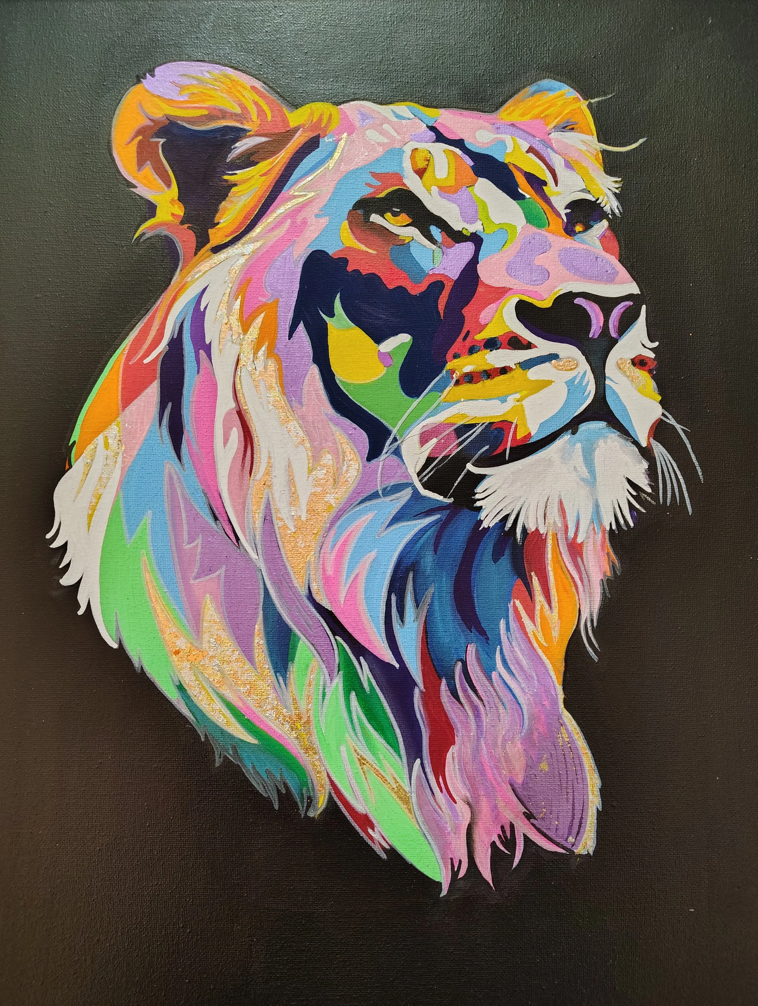 Colorful lion artwork on black background,handpainted by PleasantArt