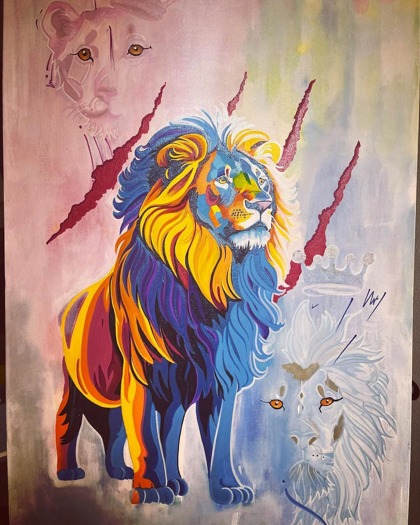 Colorful artistic depiction of a lion with two lion faces in the background, featuring vibrant and abstract colors and patterns, along with claw mark designs ,handpainted by PleasantArt