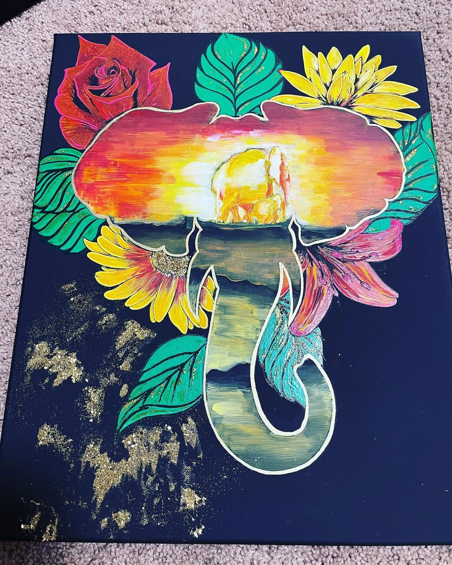 Colorful painting of a mushroom surrounded by flowers and leaves on a black background, hand painted by PleasantArt