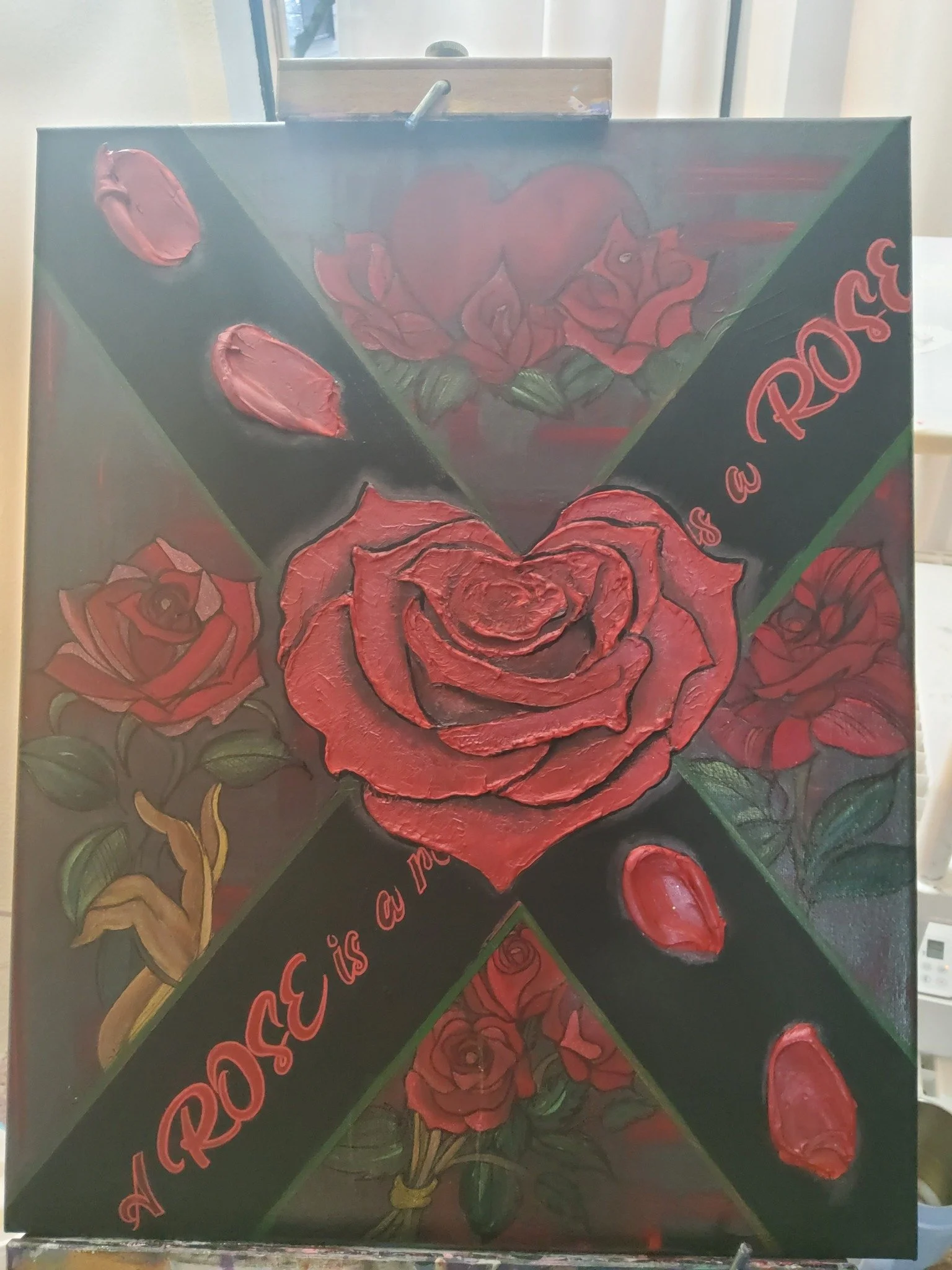 Abstract painting of red roses on a dark background with the text "A ROSE is a rose is a rose", handpainted by PleasantArt