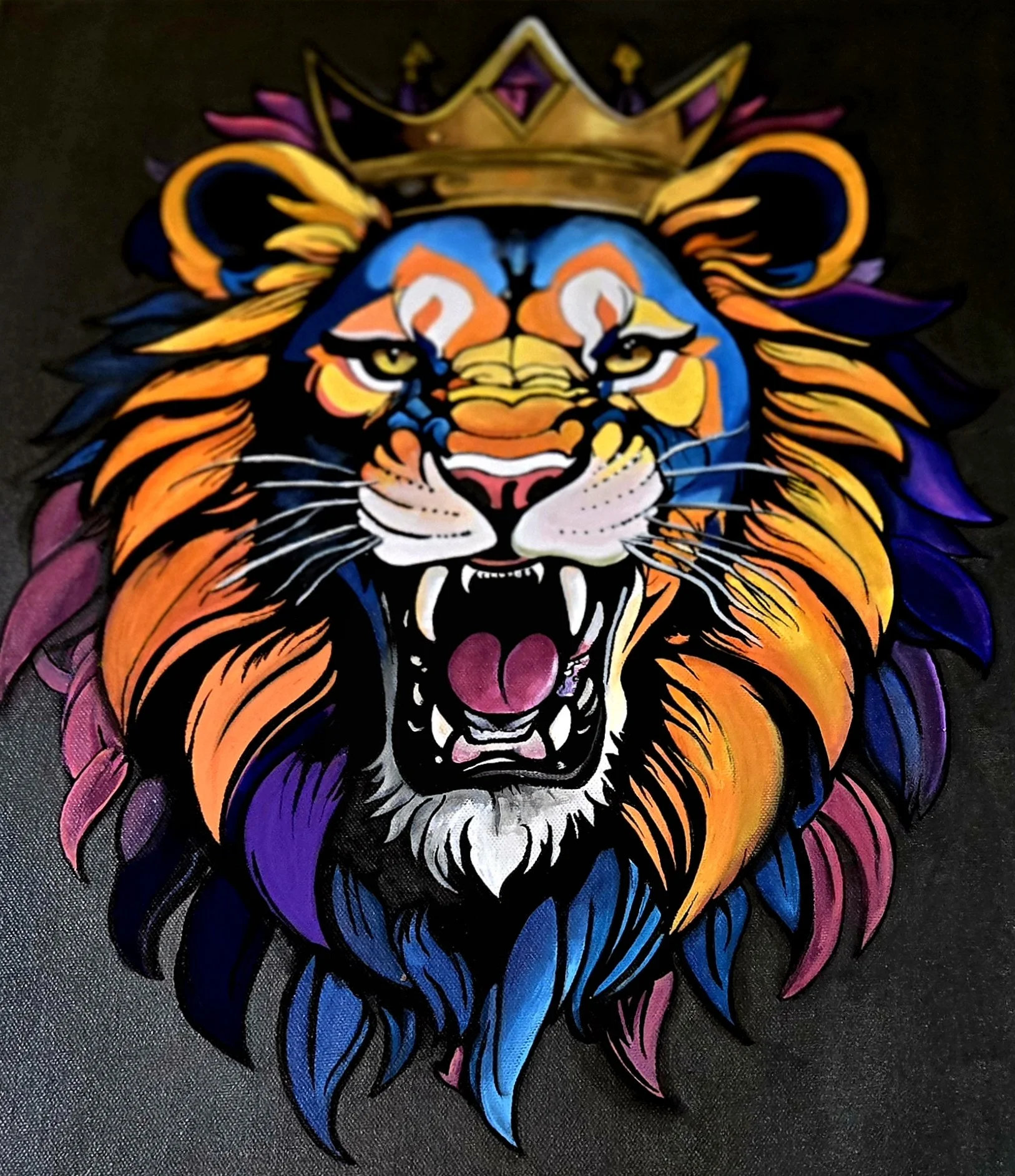 Colorful lion illustration with a crown,handpainted by PleasantArt