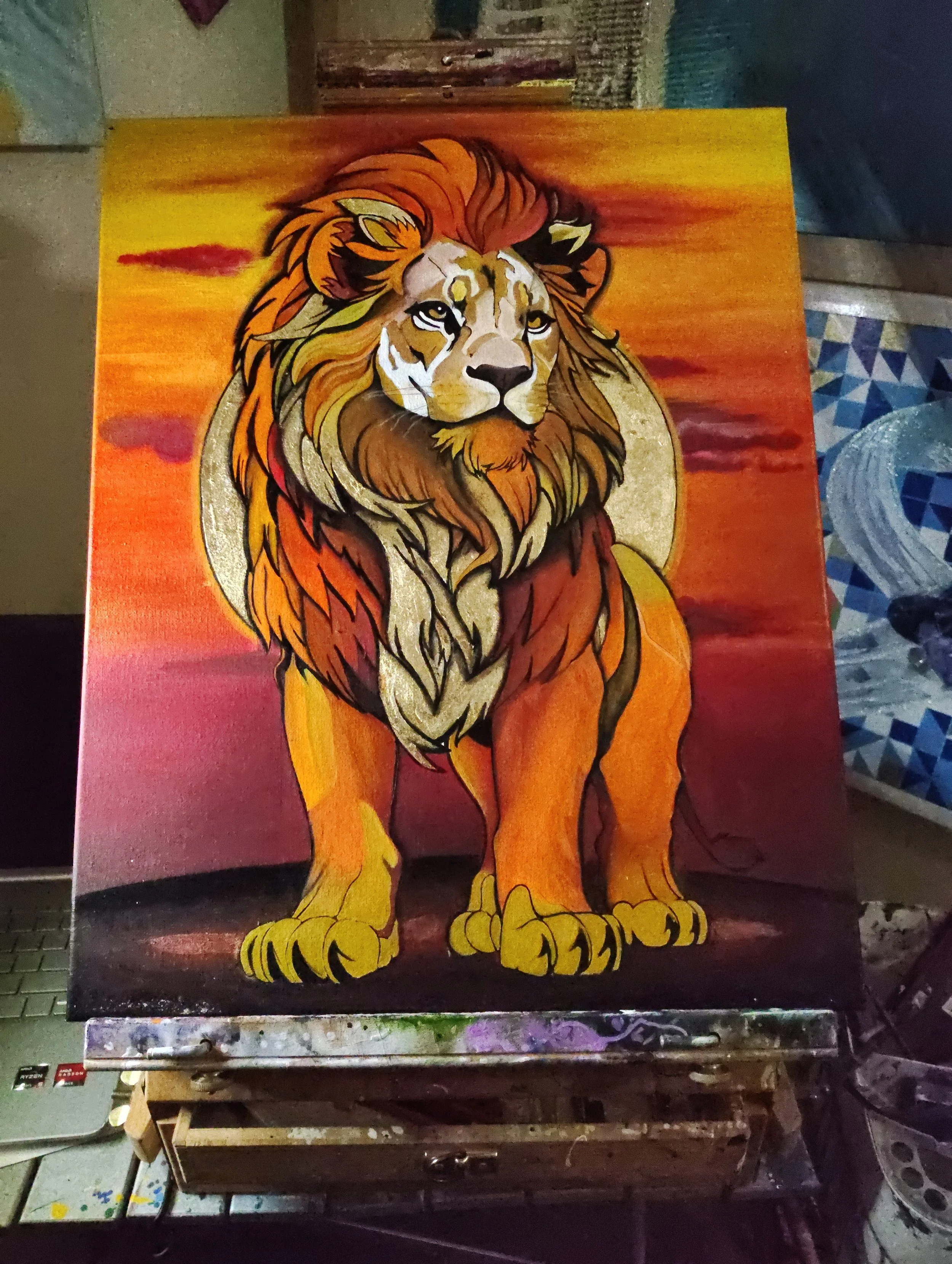 Colorful painting of a lion with vibrant orange, yellow, and brown hues, set against a sunset background, handpainted by PleasantArt