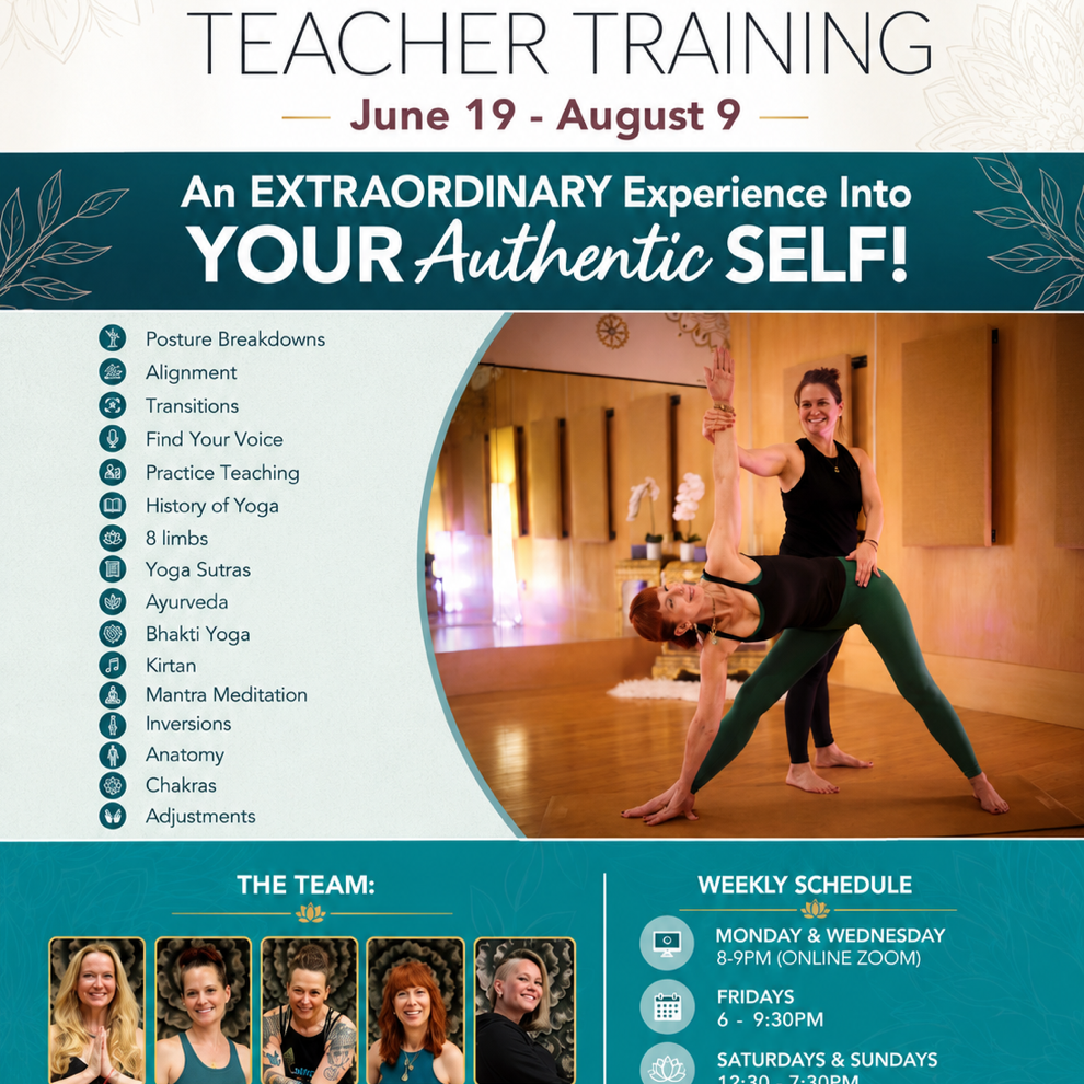 Poster advertising a teacher training program from June 19 to August 9, focusing on yoga and self-discovery, featuring a woman practicing yoga with an instructor in a studio, and including weekly online sessions and a team of instructors.