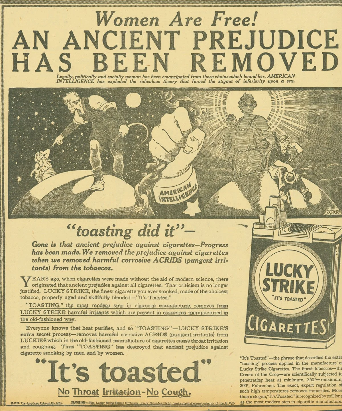 1929 Lucky Strike cigarette advertisement titled "Women Are Free! An Ancient Prejudice Has Been Removed," linking cigarette smoking to women's emancipation — part of the American Tobacco Company's campaign developed with Edward Bernays