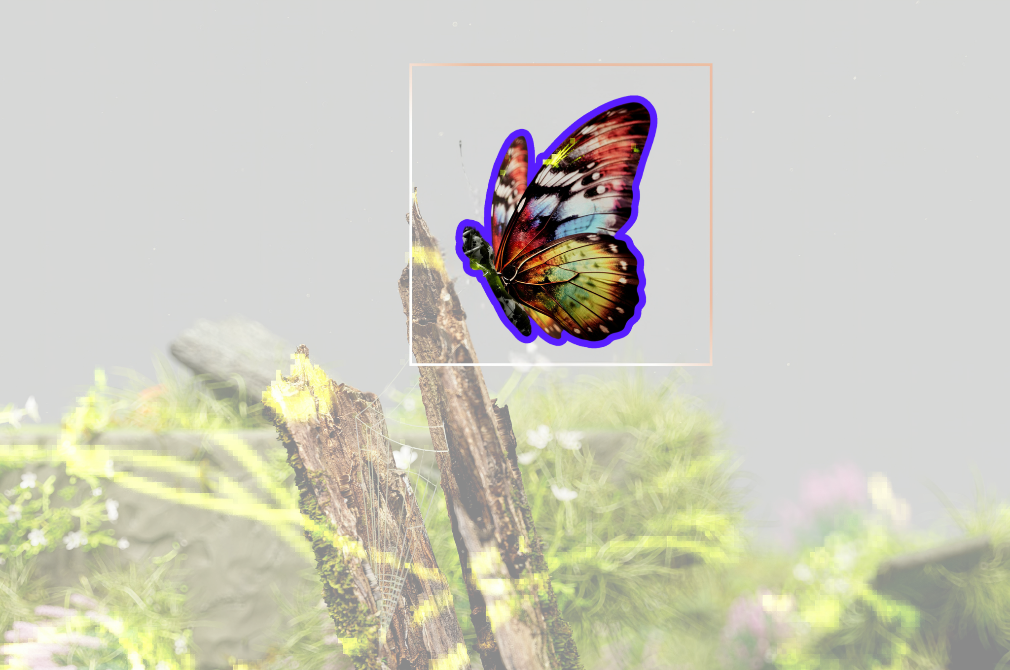 Colorful butterfly on tree stump representing emergence and transformation in communication systems