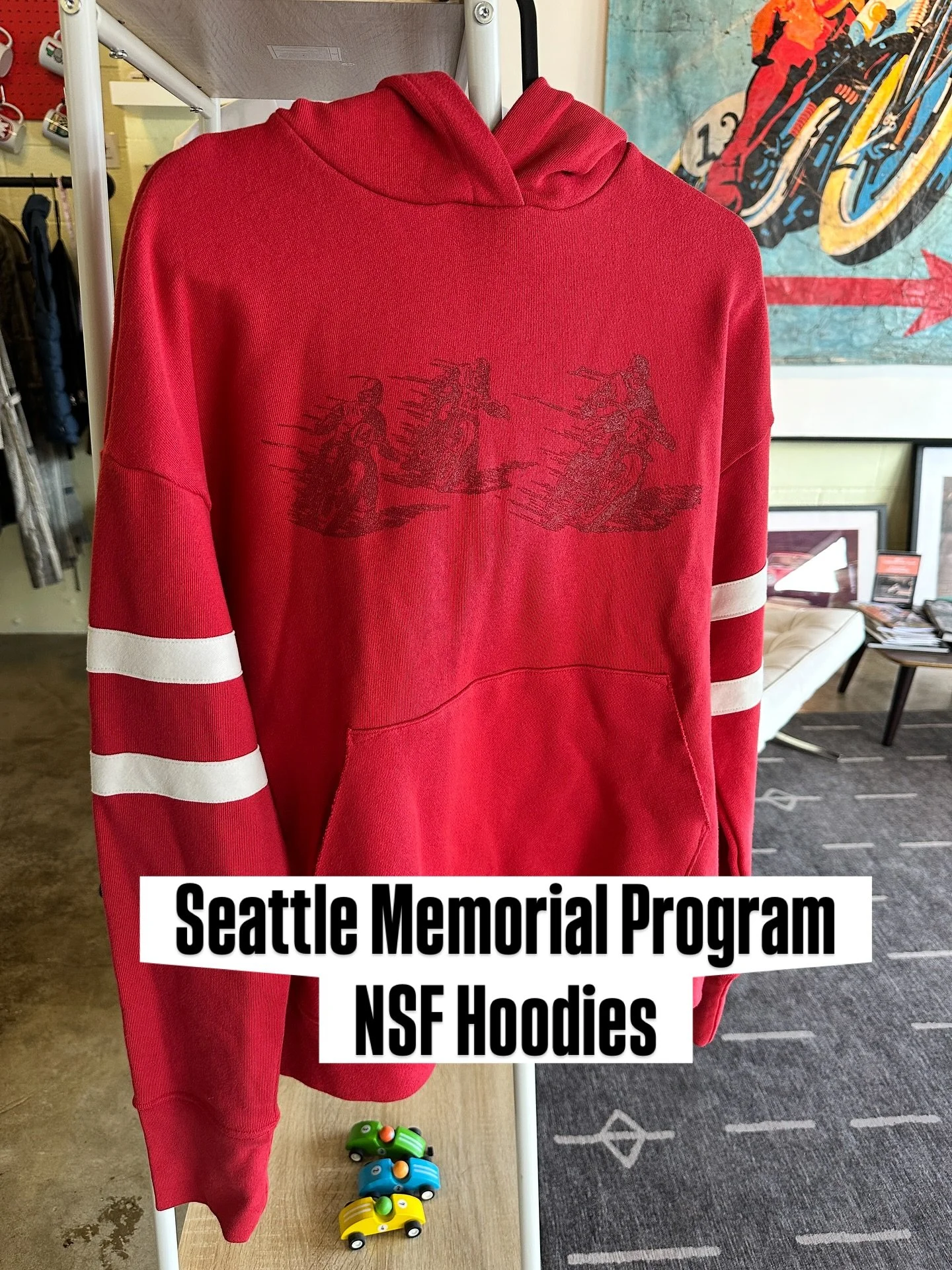 Well that was quick. 🏍️ 🎁💋

We made a small run of our Seattle High School Memorial Motorcycle Races program prints on super comfy #nsfhoodies for the ladies and only have a Small &amp; Medium left. 
Come check em out and grab one - in store only!