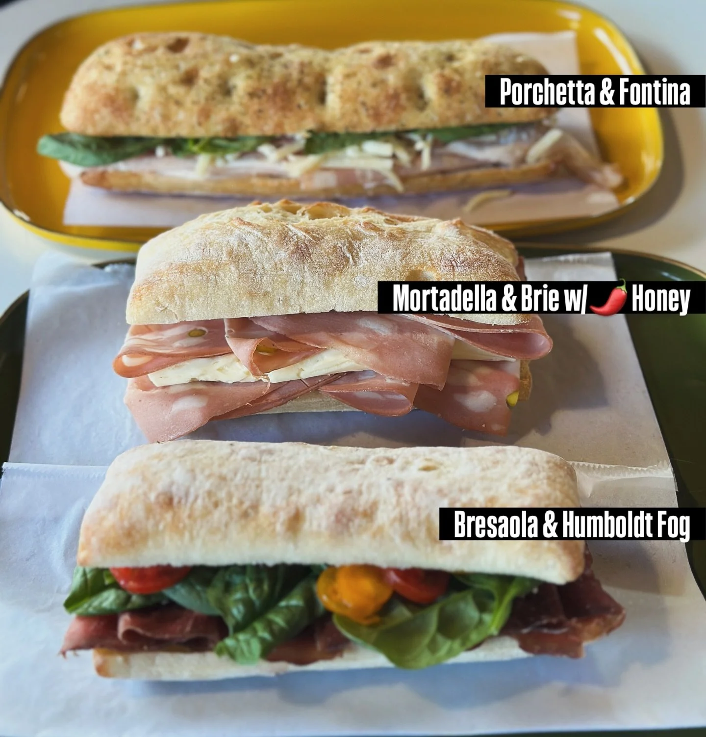 Sandwich Lineup:
- Porchetta &amp; Fontina with Basil on Herbed Focaccia
- Mortadella &amp; Brie with Kuaui Nectar Chili Honey
- Bresaola &amp; Humboldt Fog Goat Cheese with Baby Spinach and Tomatoes

#seattlesandwich #itsallgood 
#auroraave