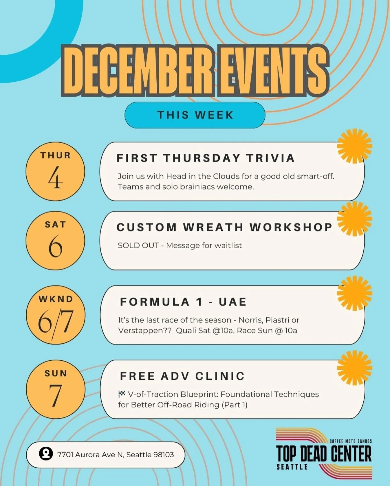 Counting down to Xmas. Got some good stuff coming up.

Thursday 12/4 @ 5:30 First Thursday Trivia with @headinthecloudstrivia 

Saturday 12/6 @ 10a Custom Wreath Workshop with @analogfloral SOLD OUT - message for waitlist

Saturday / Sunday @ 10a - F