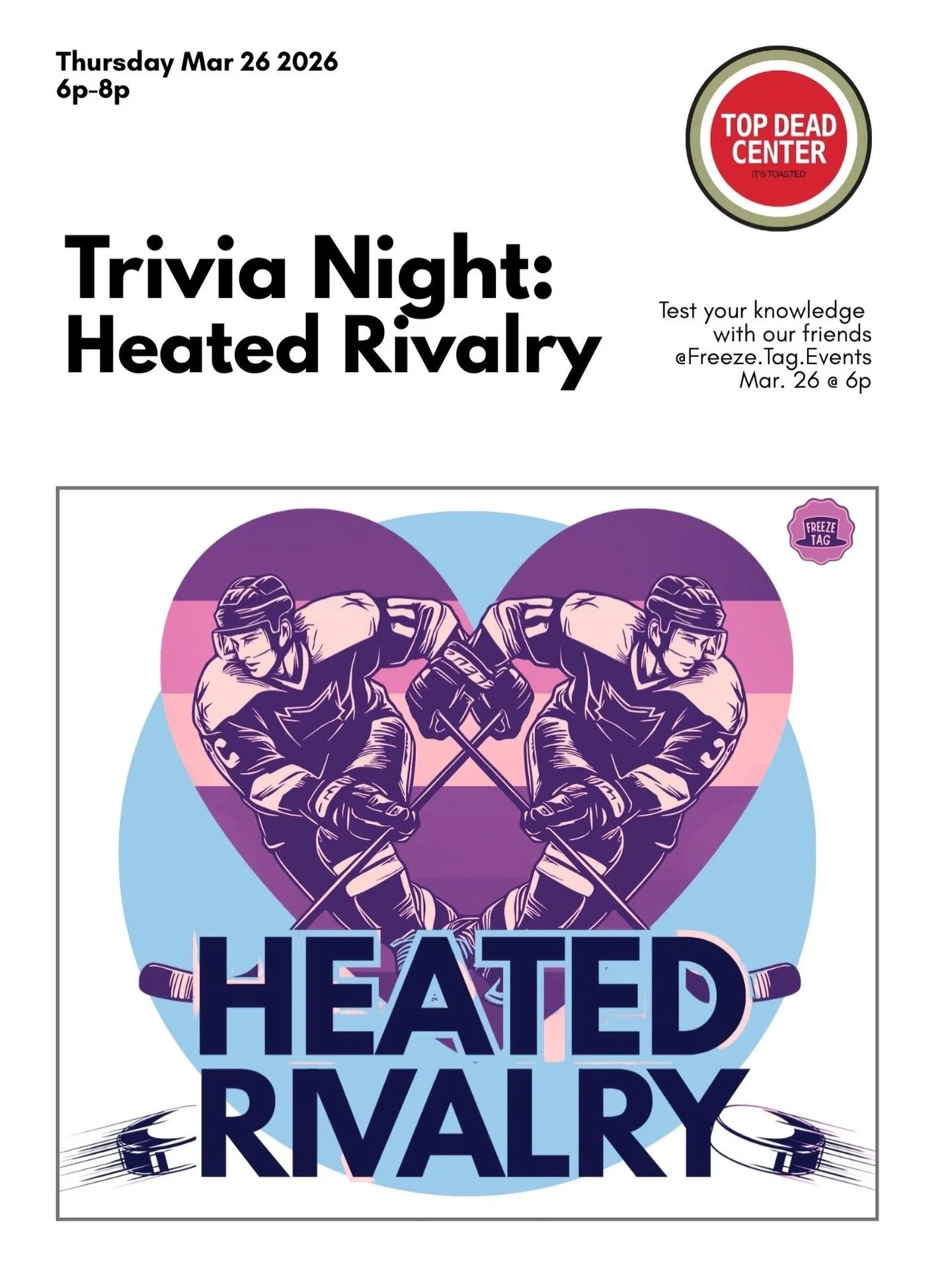 Hockey is WAY more intense than I thought.

#heatedrivalry trivia night Thursday!

Join us w our friends @freeze.tag.events and test your HRIQ this Thursday at 6p - come alone or bring a squad :)