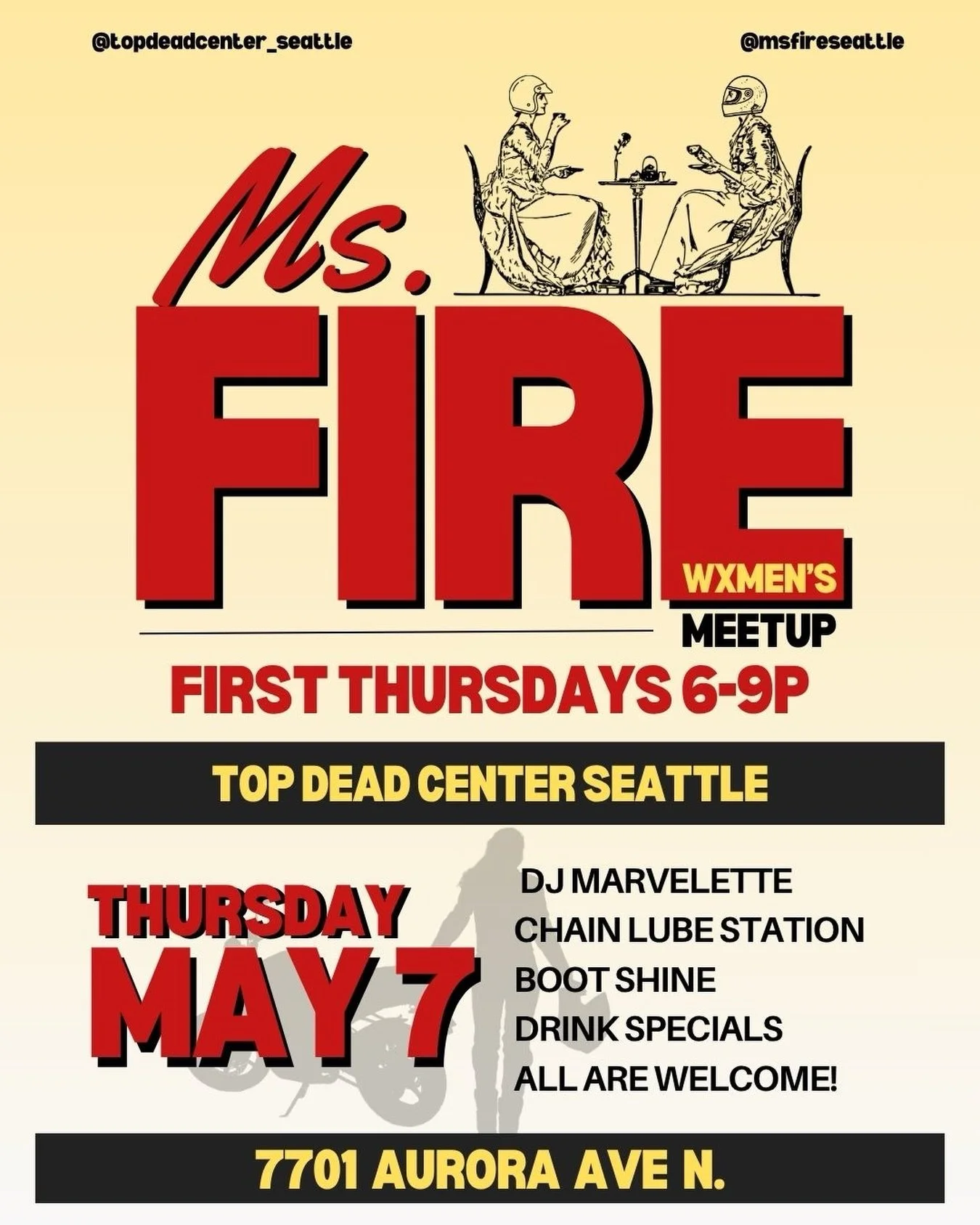 First Thursdays - mark your calendars!

This is gonna be fun. We&rsquo;re happy to announce a new #womxn meetup starting in May: Ms. Fire! 🔥 

Get your social back on with live DJ, drinks, moto/ gear maintenance, &amp; general 2-wheel celebration on