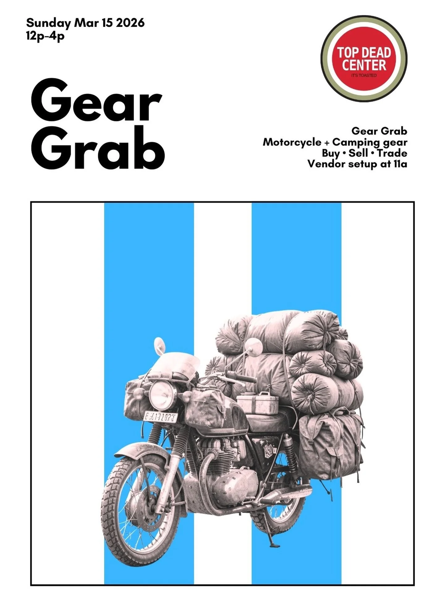 Spring Gear Grab &amp; Swap Meet!

Mark your calendars: Sunday March 15 from 12-4p we&rsquo;re opening the garage. Camping, moto gear vendors welcome - spaces available, dm to reserve. 

Get out your pots and panniers out of the garage for someone wh