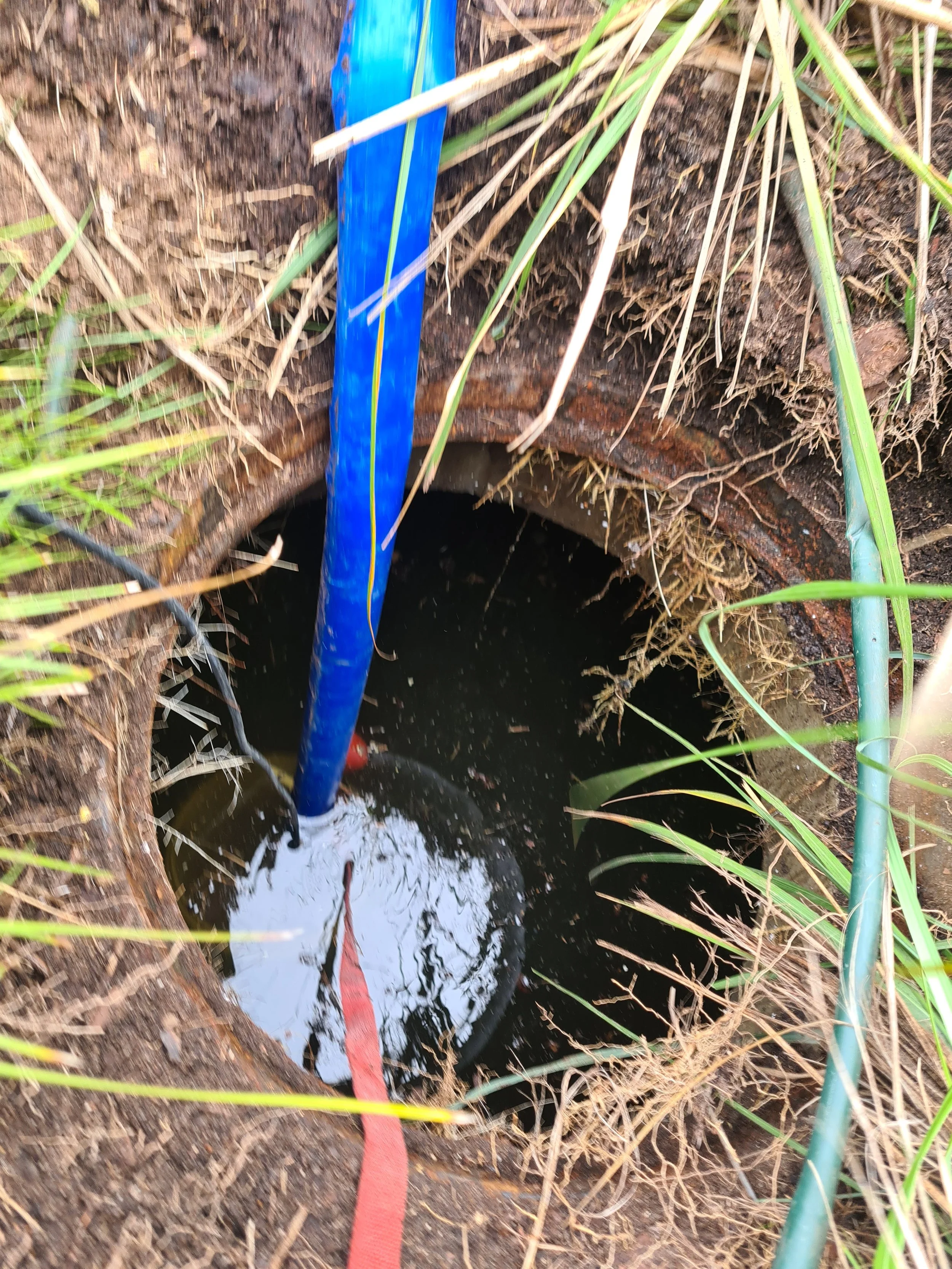 An open well with water, exposed by a dug hole in the ground, with a blue pipe and a green pipe nearby, surrounded by grass and dirt.