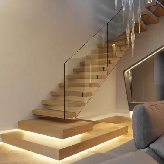 Floating stairs with led lights and glass railing