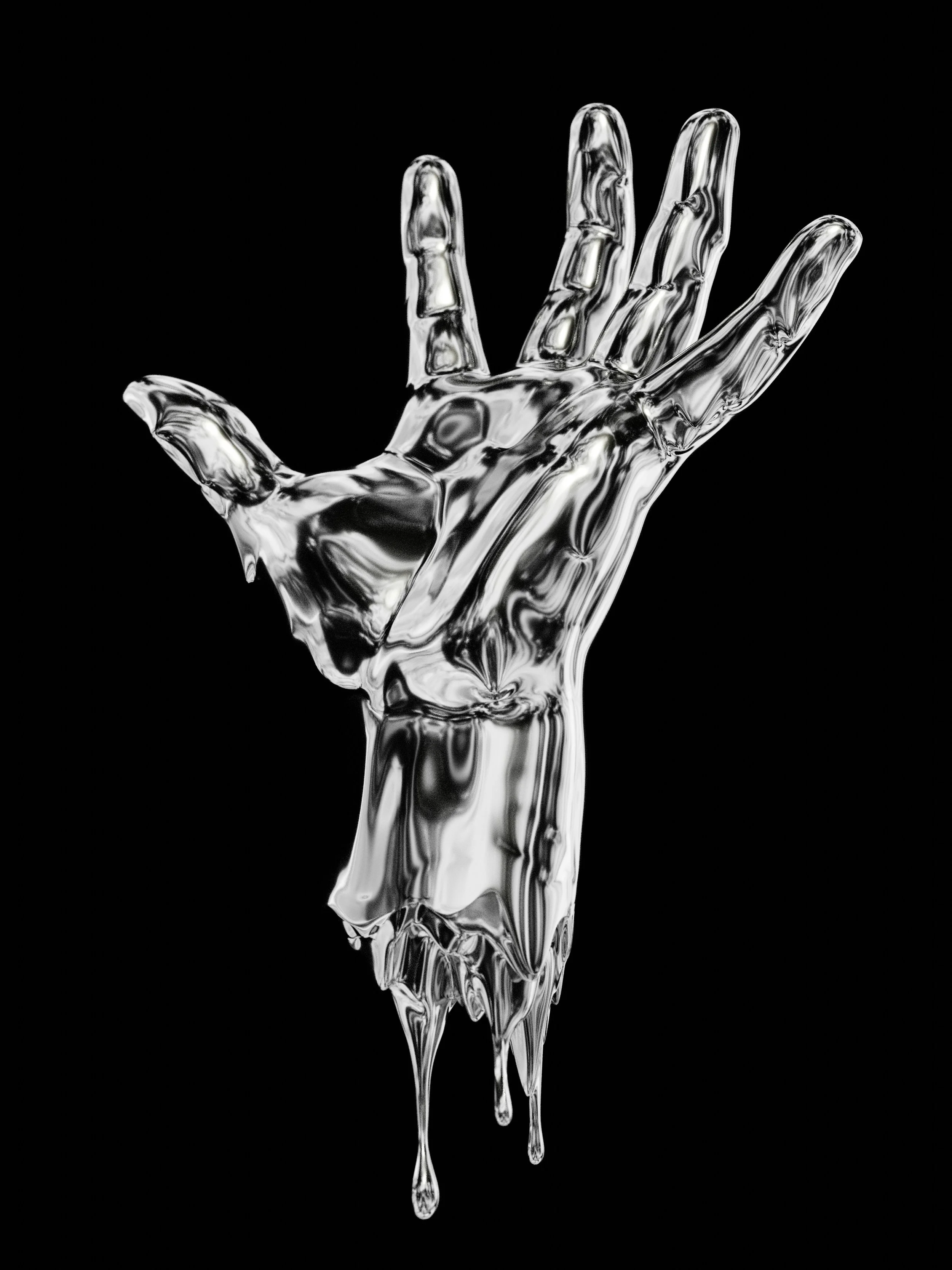 A silver metallic hand sculpture appearing to melt on a black background.
