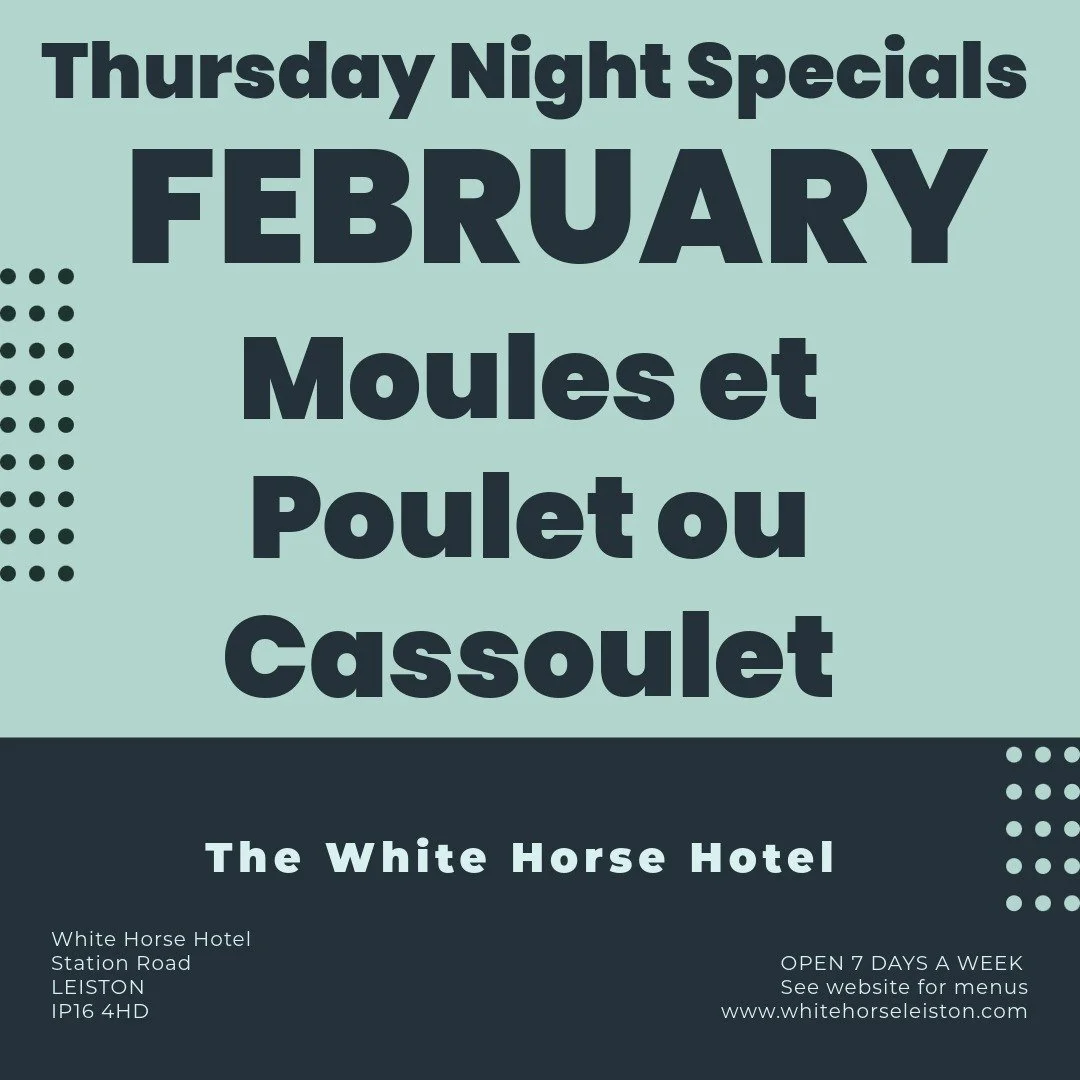 Keep Thursday evening a no-cook evening 🙂. Don't forget Thursday 29th January is the last Pizza evening for a while. During February, Thursday evenings special will be Moules (or Poulet or Cassoulet) et Frites. The menu changes again for March...Pie