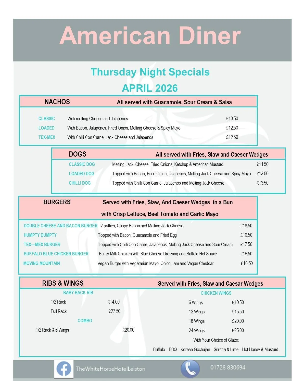 We've got an American Diner theme for our weekly Specials Night every Thursday this April. Something we're really looking forward to, and hope you will be too once you've had a look at this menu! Served 5.30pm-8.30pm starting Thursday 2nd April.

Nac